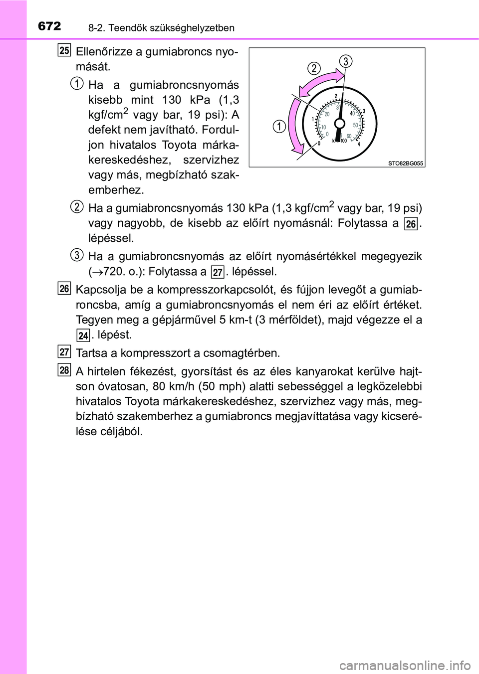TOYOTA C-HR 2018 Kezelési útmutató (in Hungarian) 6728-2. Teendők szükséghelyzetben
Ellenőrizze a gumiabroncs nyo-
mását.Ha a gumiabroncsnyomás
kisebb mint 130 kPa (1,3
kgf/cm
2 vagy bar, 19 psi): A
defekt nem javítható. Fordul-
jo TOYOTA C-HR 2018 Kezelési útmutató (in Hungarian) 6728-2. Teendők szükséghelyzetben
Ellenőrizze a gumiabroncs nyo-
mását.Ha a gumiabroncsnyomás
kisebb mint 130 kPa (1,3
kgf/cm
2 vagy bar, 19 psi): A
defekt nem javítható. Fordul-
jo