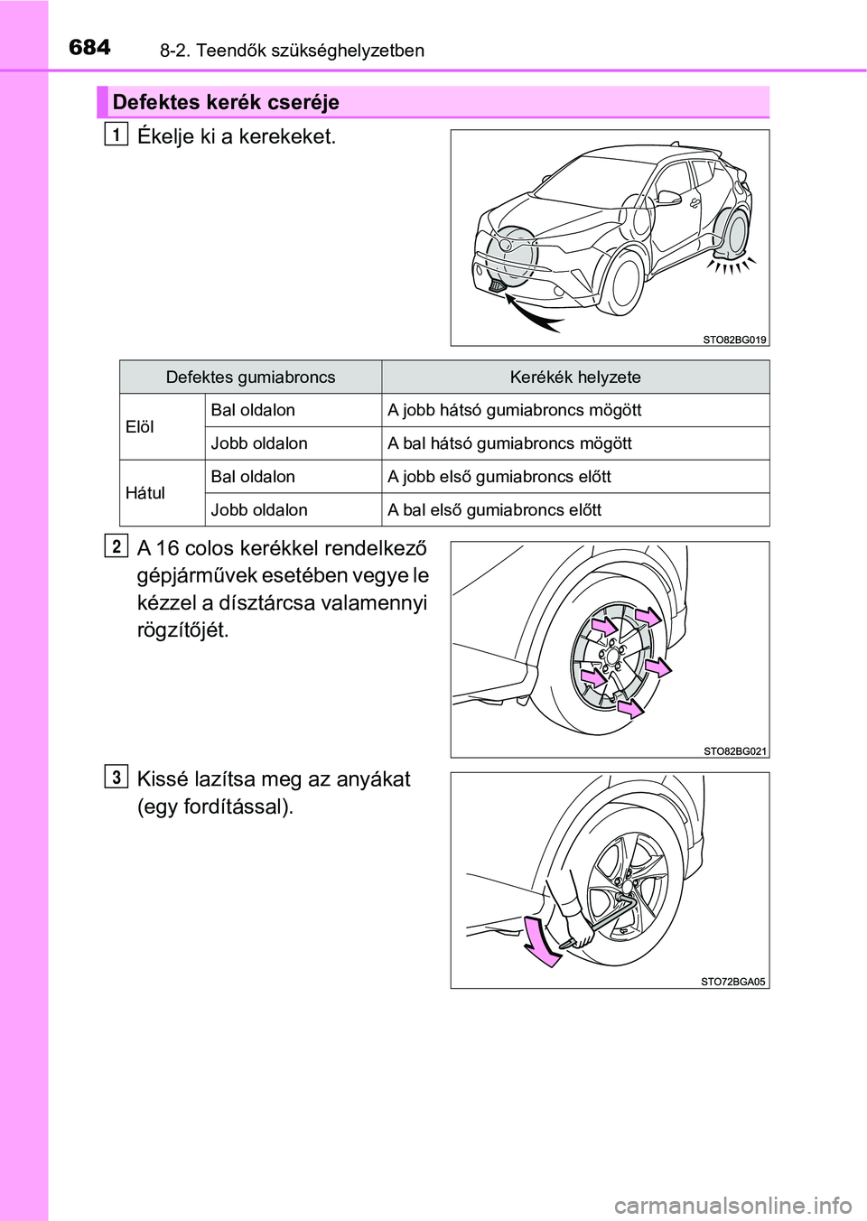 TOYOTA C-HR 2018  Kezelési útmutató (in Hungarian) 6848-2. Teendők szükséghelyzetben
Ékelje ki a kerekeket.
A 16 colos kerékkel rendelkező 
gépjárművek esetében vegye le 
kézzel a dísztárcsa valamennyi 
rögzítőjét.
Kissé lazítsa meg