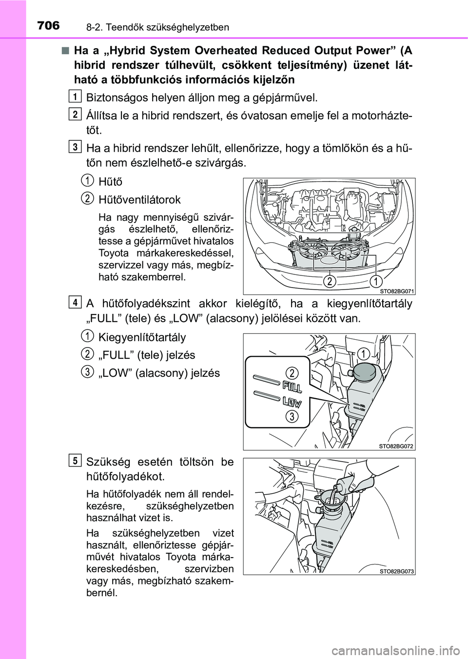 TOYOTA C-HR 2018 Kezelési útmutató (in Hungarian) 7068-2. Teendők szükséghelyzetben
nHa a „Hybrid System Overheated Reduced Output Power” (A
hibrid rendszer túlhevült, csökkent teljesítmény) üzenet lát-
ható a többfunkci TOYOTA C-HR 2018 Kezelési útmutató (in Hungarian) 7068-2. Teendők szükséghelyzetben
nHa a „Hybrid System Overheated Reduced Output Power” (A
hibrid rendszer túlhevült, csökkent teljesítmény) üzenet lát-
ható a többfunkci