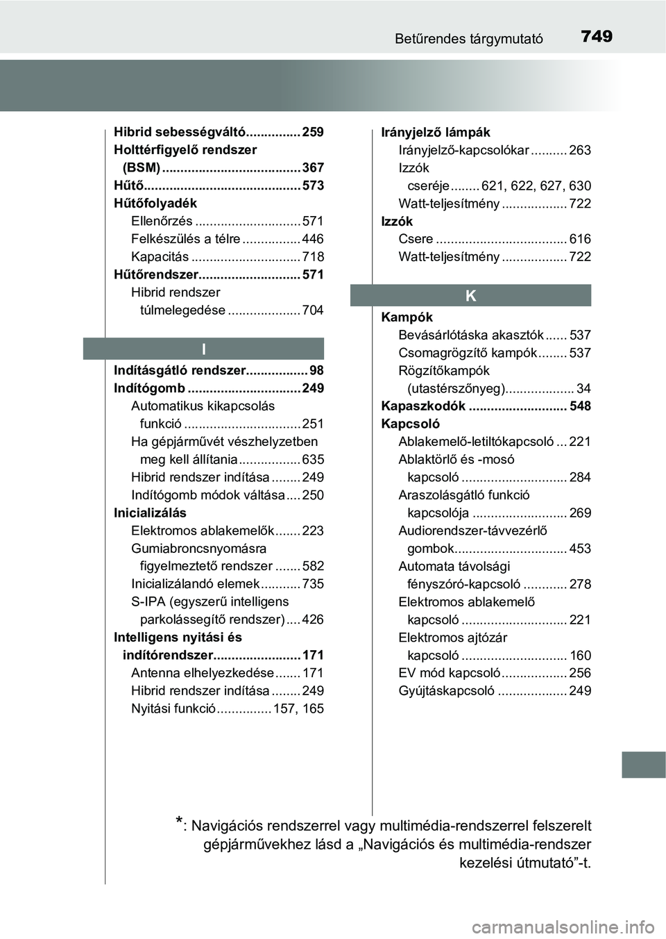 TOYOTA C-HR 2018 Kezelési útmutató (in Hungarian) 749Betűrendes tárgymutató
Hibrid sebességváltó............... 259
Holttérfigyelő rendszer (BSM) ...................................... 367
Hűtő........................................... 573 TOYOTA C-HR 2018 Kezelési útmutató (in Hungarian) 749Betűrendes tárgymutató
Hibrid sebességváltó............... 259
Holttérfigyelő rendszer (BSM) ...................................... 367
Hűtő........................................... 573