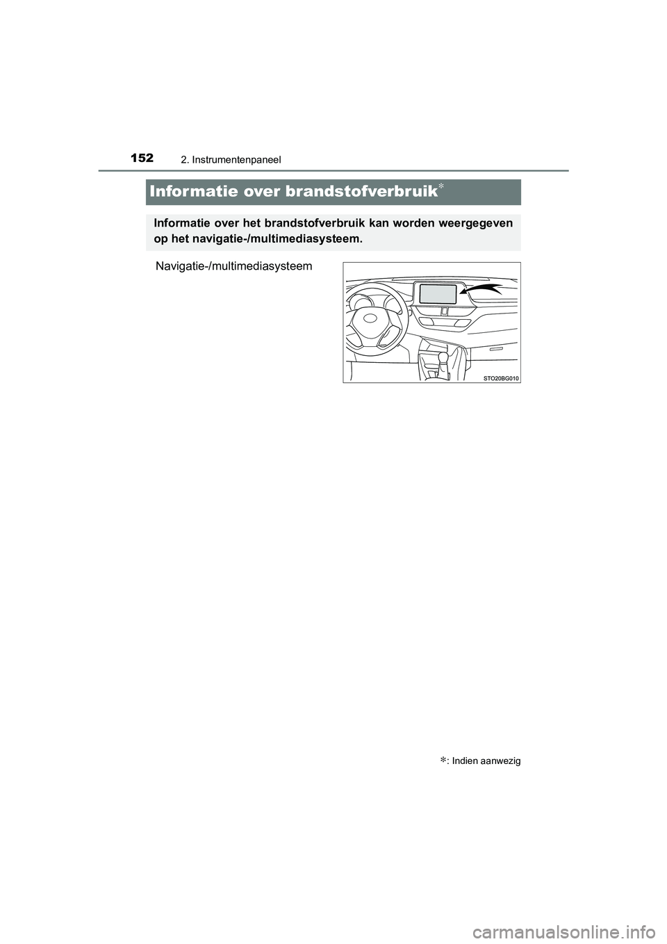 TOYOTA C-HR 2018  Instructieboekje (in Dutch) 1522. Instrumentenpaneel
C-HR_OM_Europe_OM10571E
Informatie over brandstofverbruik∗
Navigatie-/multimediasysteem
∗: Indien aanwezig
Informatie over het brandstofverbruik kan worden weergegeven
op 