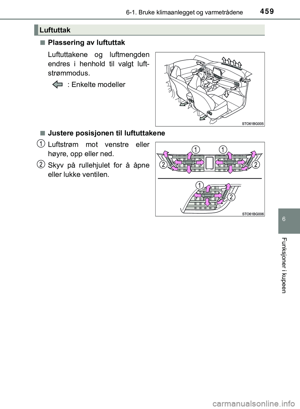 TOYOTA C-HR 2018  Instruksjoner for bruk (in Norwegian) 4596-1. Bruke klimaanlegget og varmetrådene
C-HR_HV_OM_Europe_OM10576NO
6
Funksjoner i kupeen
nPlassering av luftuttak
Luftuttakene og luftmengden
endres i henhold til valgt luft-
strømmodus.: Enkel