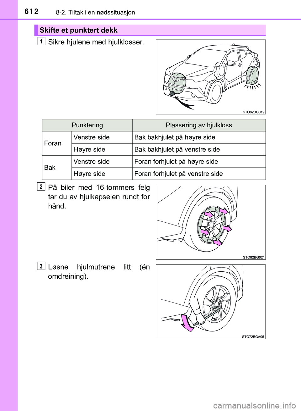 TOYOTA C-HR 2018  Instruksjoner for bruk (in Norwegian) 6128-2. Tiltak i en nødssituasjon
C-HR_HV_OM_Europe_OM10576NO
Sikre hjulene med hjulklosser.
På biler med 16-tommers felg
tar du av hjulkapselen rundt for
hånd.
Løsne hjulmutrene litt (én
omdrein