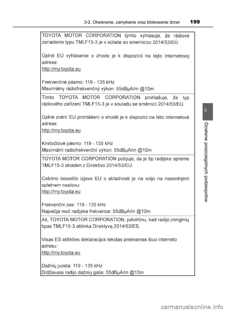 TOYOTA C-HR 2018  Instrukcja obsługi (in Polish) 3-2. Otwieranie, zamykanie oraz blokowanie drzwi199
3
Dzia∏anie poszczególnych podzespo∏ów
20 C-HR HV OM10576E  13/6/18  8:51  Page 199    (Black plate) 