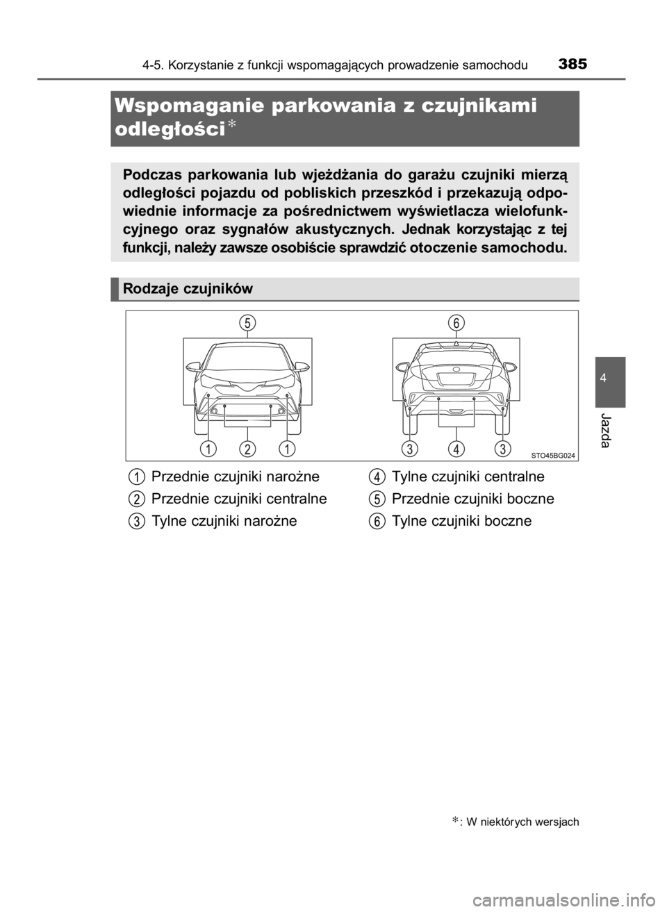 TOYOTA C-HR 2018  Instrukcja obsługi (in Polish) Przednie czujniki naro˝ne
Przednie czujniki centralne
Tylne czujniki naro˝neTylne czujniki centralne
Przednie czujniki boczne
Tylne czujniki boczne
4-5. Korzystanie z funkcji wspomagajàcych prowadz