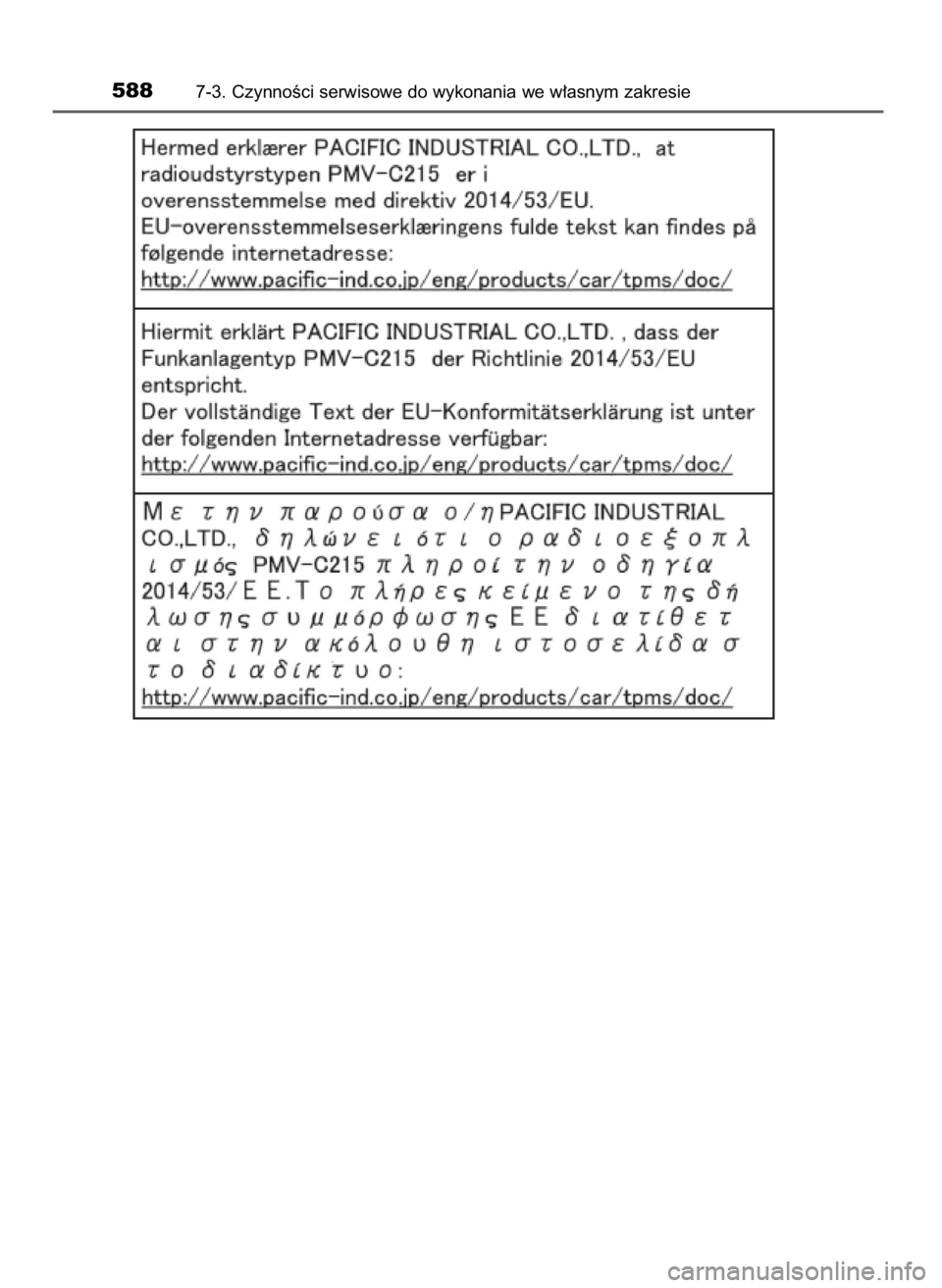 TOYOTA C-HR 2018  Instrukcja obsługi (in Polish) 5887-3. CzynnoÊci serwisowe do wykonania we w∏asnym zakresie
20 C-HR HV OM10576E  13/6/18  8:52  Page 588    (Black plate) 