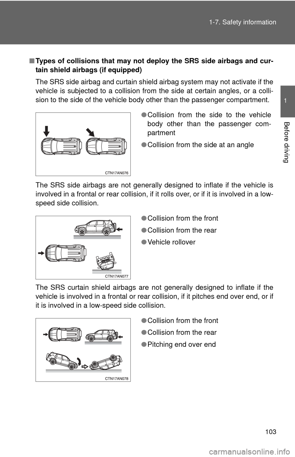 TOYOTA RAV4 2010 XA30 / 3.G Owners Manual 103
1-7. Safety information
1
Before driving
■
Types of collisions that may not deploy the SRS side airbags and cur-
tain shield airbags (if equipped)
The SRS side airbag and curtain shield airbag s