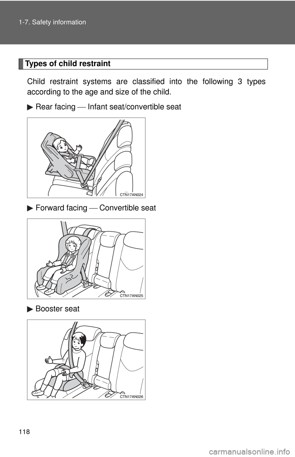 TOYOTA RAV4 2010 XA30 / 3.G Owners Manual 118 1-7. Safety information
Types of child restraintChild restraint systems are clas sified into the following 3 types
according to the age and size of the child.
Rear facing   Infant seat/converti