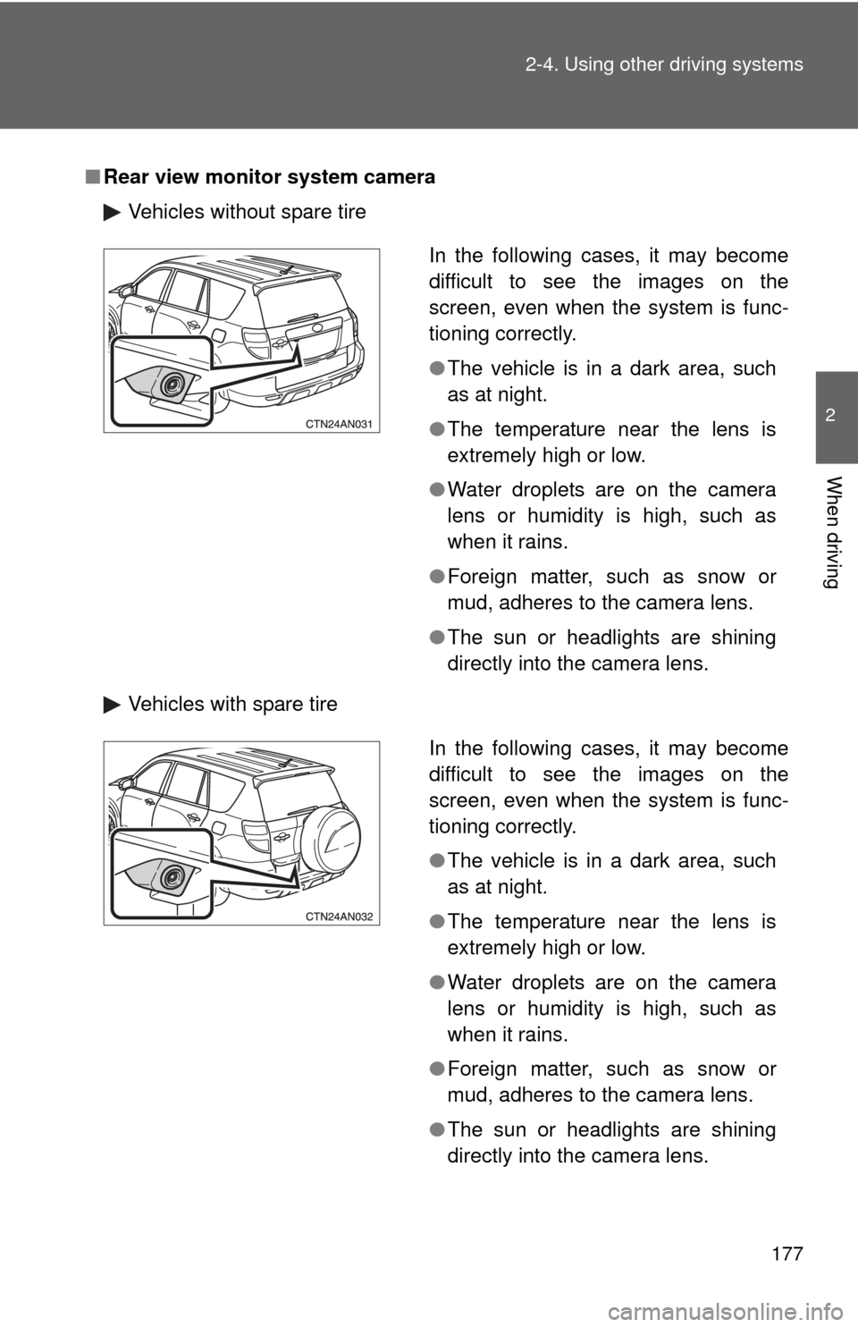 TOYOTA RAV4 2010 XA30 / 3.G Owners Manual 177
2-4. Using other
driving systems
2
When driving
■Rear view monitor system camera
Vehicles without spare tire
Vehicles with spare tire
In the following cases, it may become
difficult to see the TOYOTA RAV4 2010 XA30 / 3.G Owners Manual 177
2-4. Using other
driving systems
2
When driving
■Rear view monitor system camera
Vehicles without spare tire
Vehicles with spare tire
In the following cases, it may become
difficult to see the