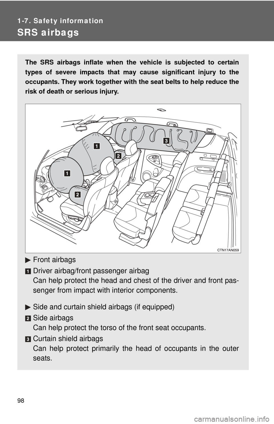 TOYOTA RAV4 2010 XA30 / 3.G Owners Manual 98
1-7. Safety information
SRS airbags
The SRS airbags inflate when the vehicle is subjected to certain
types of severe impacts that may  cause significant injury to the
occupants. They work together 