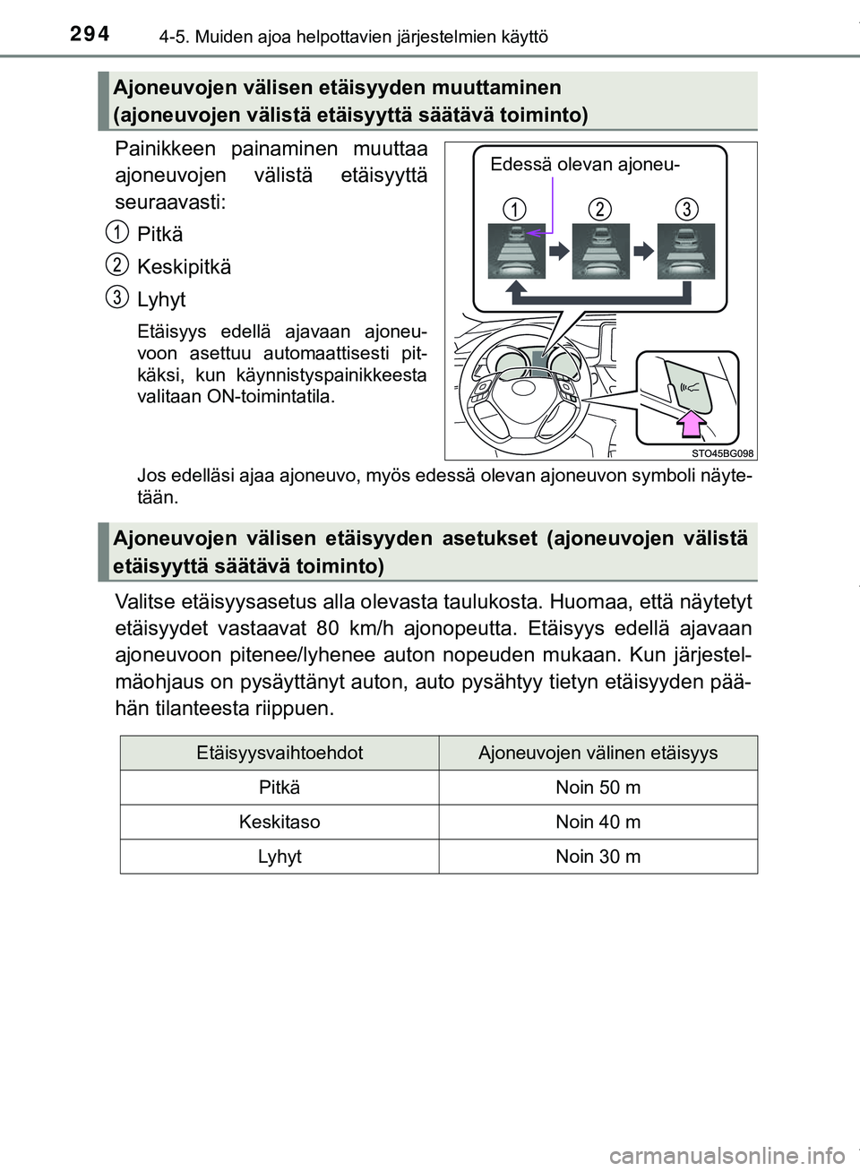 TOYOTA C-HR 2018  Omistajan Käsikirja (in Finnish) 2944-5. Muiden ajoa helpottavien järjestelmien käyttö
C-HR_HV_OM_Europe_OM10576FI
Painikkeen painaminen muuttaa
ajoneuvojen välistä etäisyyttä
seuraavasti:Pitkä
Keskipitkä
Lyhyt
Etäisyys ede