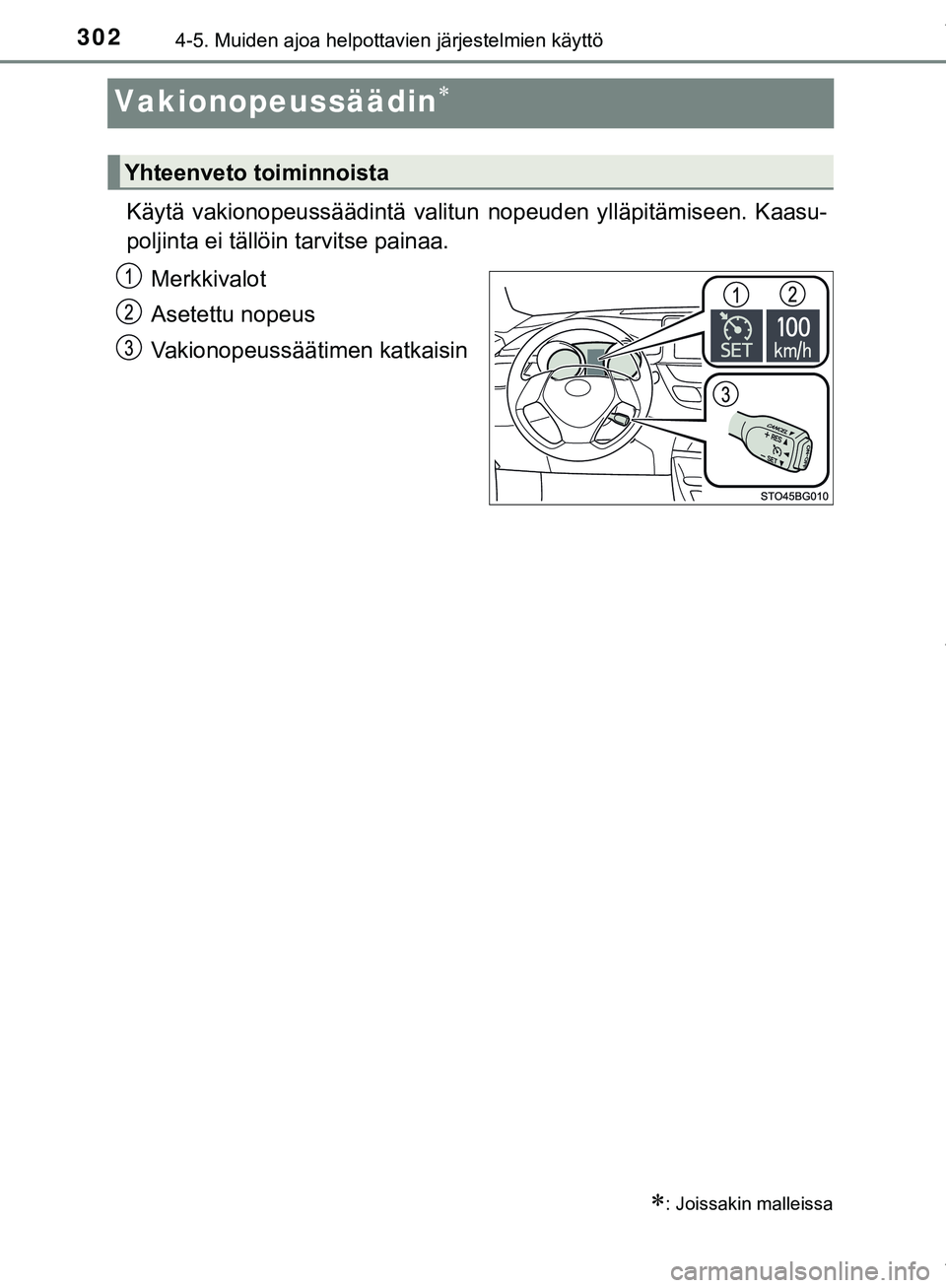 TOYOTA C-HR 2018  Omistajan Käsikirja (in Finnish) 3024-5. Muiden ajoa helpottavien järjestelmien käyttö
C-HR_HV_OM_Europe_OM10576FI
Vakionopeussäädin
Käytä vakionopeussäädintä valitun nopeuden ylläpitämiseen. Kaasu-
poljinta ei tällö