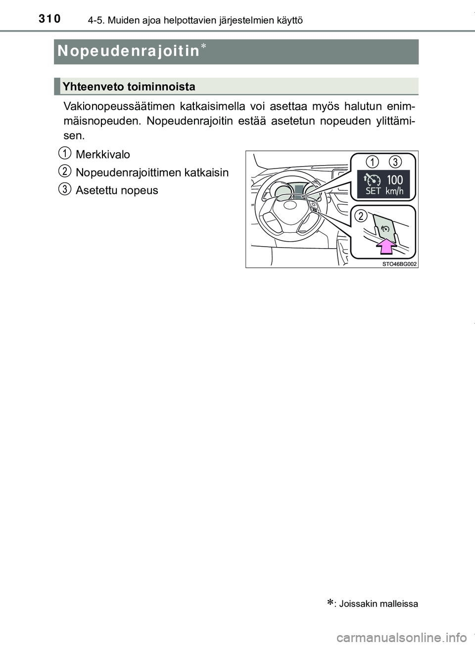 TOYOTA C-HR 2018  Omistajan Käsikirja (in Finnish) 3104-5. Muiden ajoa helpottavien järjestelmien käyttö
C-HR_HV_OM_Europe_OM10576FI
Nopeudenrajoitin
Vakionopeussäätimen katkaisimella voi asettaa myös halutun enim-
mäisnopeuden. Nopeudenrajo