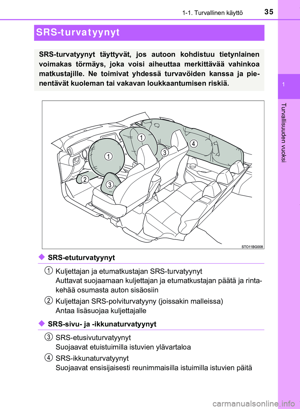 TOYOTA C-HR 2018  Omistajan Käsikirja (in Finnish) 351-1. Turvallinen käyttö
1
Turvallisuuden vuoksi
C-HR_HV_OM_Europe_OM10576FI
SRS-turvatyynyt
uSRS-etuturvatyynytKuljettajan ja etumatkustajan SRS-turvatyynyt
Auttavat suojaamaan kuljettajan ja etum