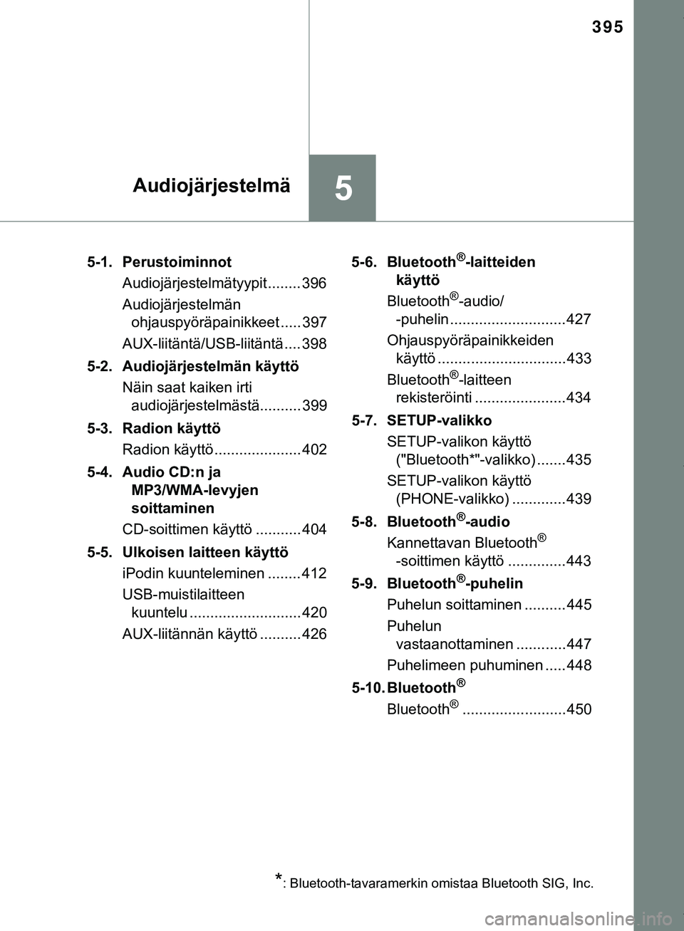 TOYOTA C-HR 2018  Omistajan Käsikirja (in Finnish) 395
5Audiojärjestelmä
C-HR_HV_OM_Europe_OM10576FI5-1. Perustoiminnot
Audiojärjestelmätyypit........ 396
Audiojärjestelmän ohjauspyöräpainikkeet ..... 397
AUX-liitäntä/USB-liitäntä.... 398

