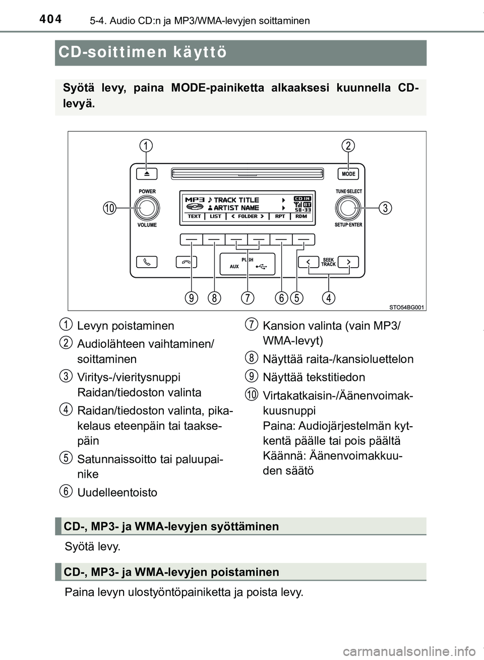 TOYOTA C-HR 2018  Omistajan Käsikirja (in Finnish) 4045-4. Audio CD:n ja MP3/WMA-levyjen soittaminen
C-HR_HV_OM_Europe_OM10576FI
CD-soittimen käyttö
Syötä levy.
Paina levyn ulostyöntöpainiketta ja poista levy.
Syötä levy, paina MODE-painiketta