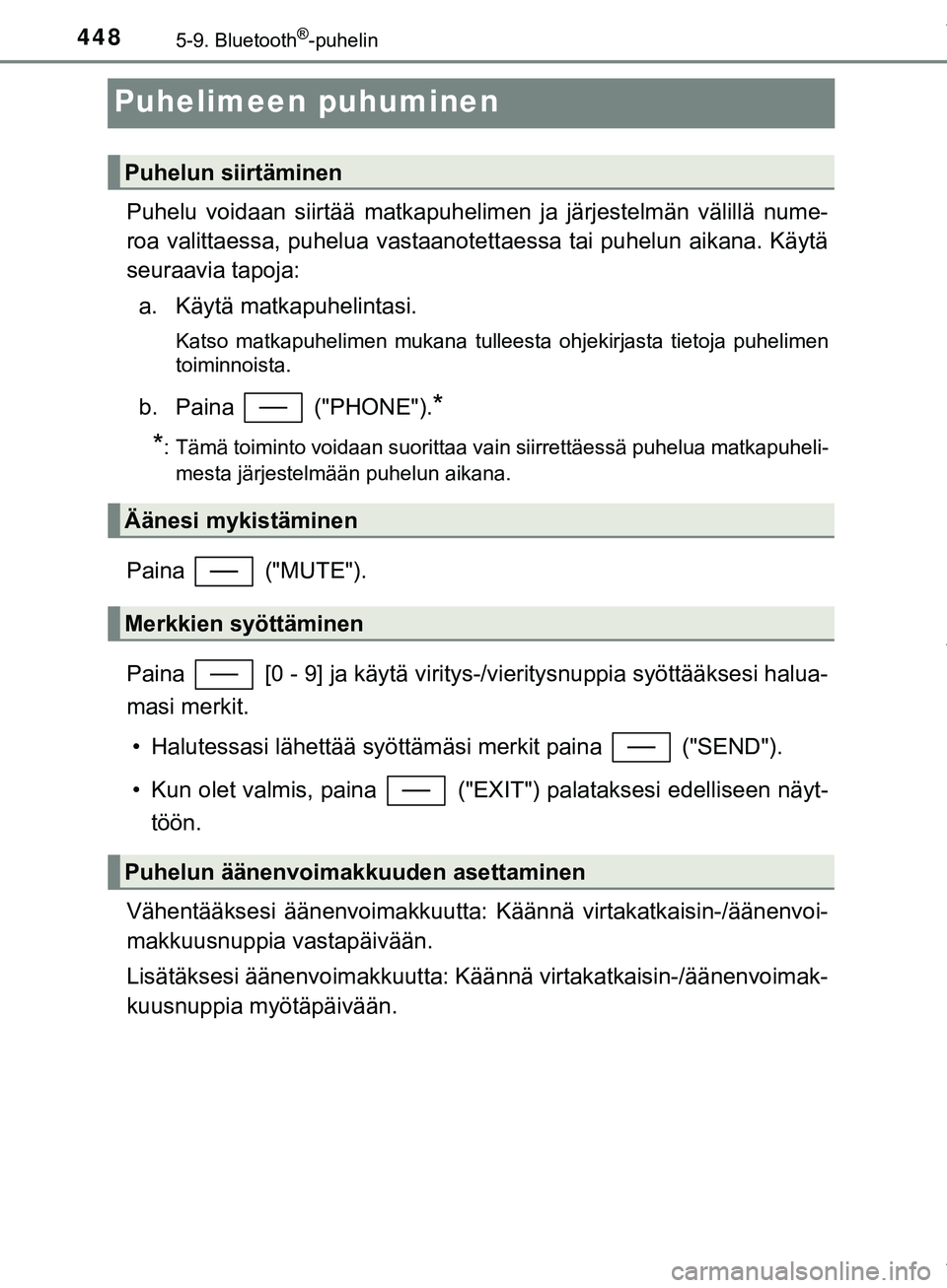 TOYOTA C-HR 2018  Omistajan Käsikirja (in Finnish) 4485-9. Bluetooth®-puhelin
C-HR_HV_OM_Europe_OM10576FI
Puhelimeen puhuminen
Puhelu voidaan siirtää matkapuhelimen ja järjestelmän välillä nume-
roa valittaessa, puhelua vastaanotett aessa tai p