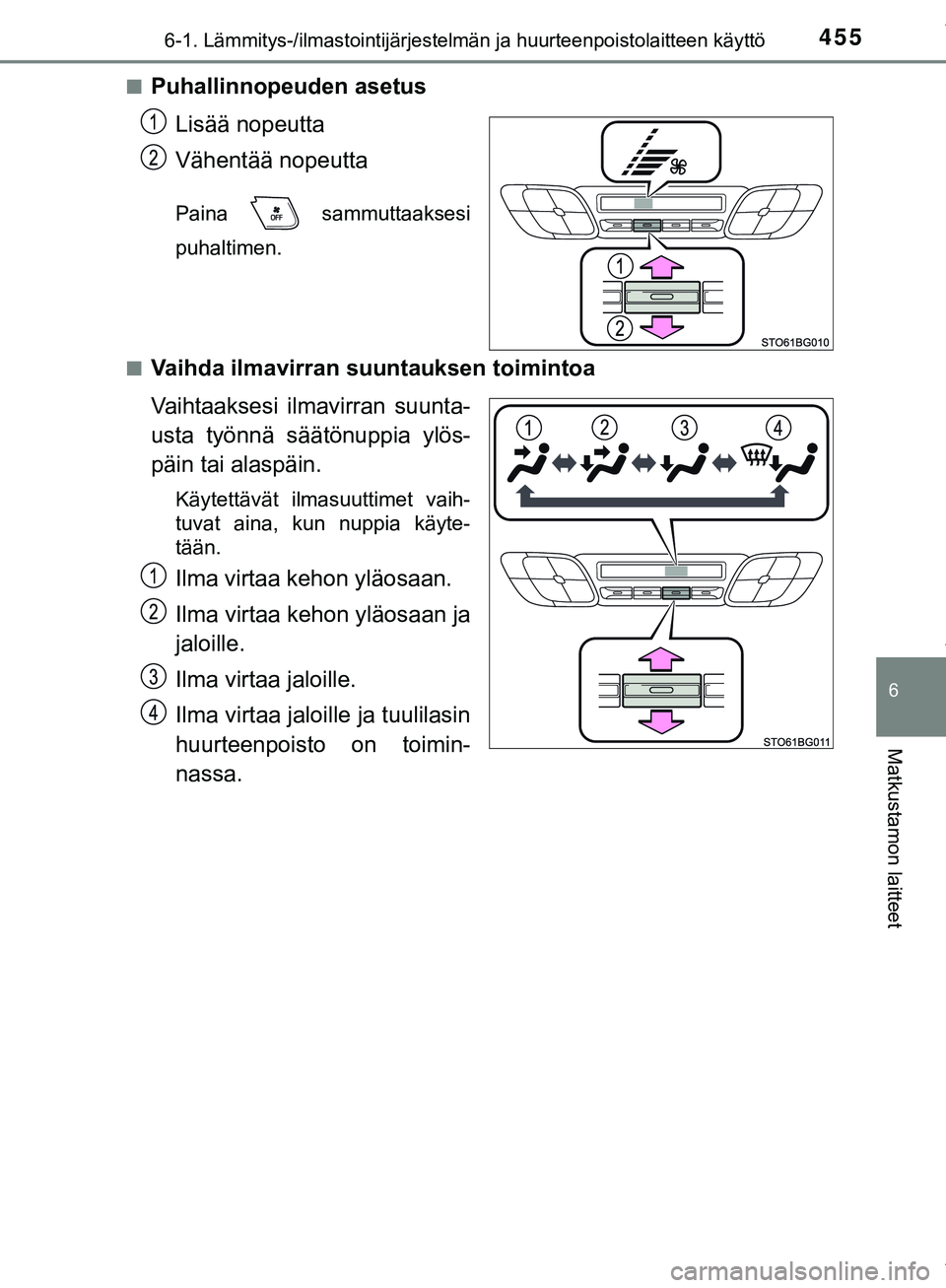 TOYOTA C-HR 2018  Omistajan Käsikirja (in Finnish) 4556-1. Lämmitys-/ilmastointijärjestelmän ja huurteenpoistolaitteen käyttö
C-HR_HV_OM_Europe_OM10576FI
6
Matkustamon laitteet
nPuhallinnopeuden asetus
Lisää nopeutta
Vähentää nopeutta
Paina 