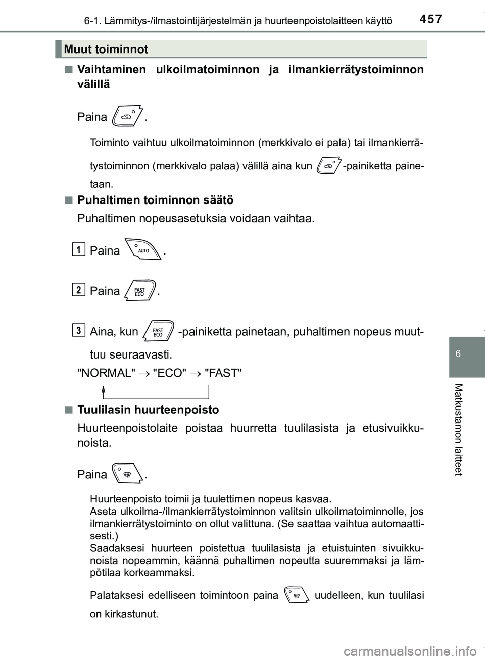 TOYOTA C-HR 2018  Omistajan Käsikirja (in Finnish) 4576-1. Lämmitys-/ilmastointijärjestelmän ja huurteenpoistolaitteen käyttö
C-HR_HV_OM_Europe_OM10576FI
6
Matkustamon laitteet
nVaihtaminen ulkoilmatoiminnon ja ilmankierrätystoiminnon
välillä
