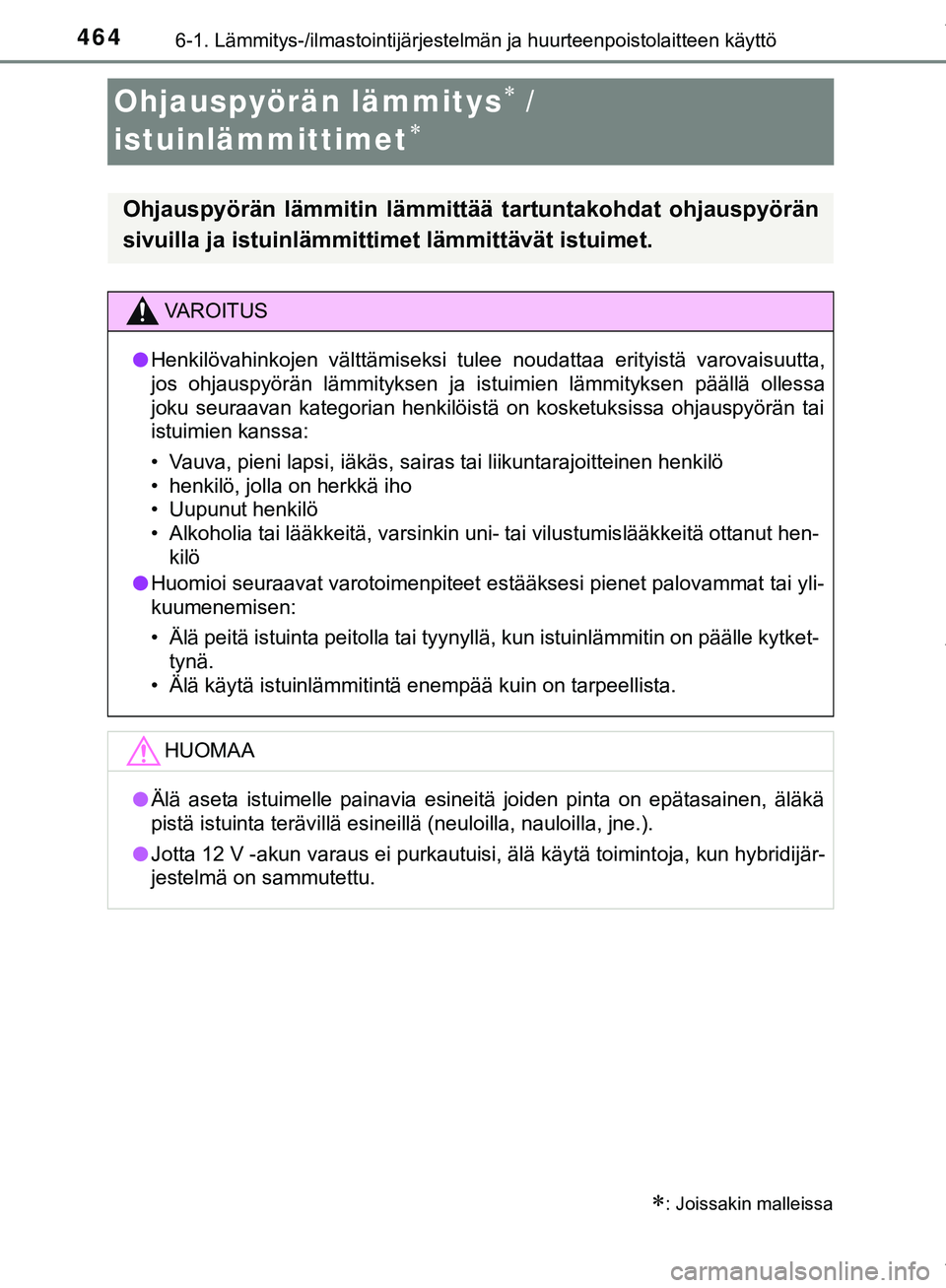 TOYOTA C-HR 2018  Omistajan Käsikirja (in Finnish) 4646-1. Lämmitys-/ilmastointijärjestelmän ja huurteenpoistolaitteen käyttö
C-HR_HV_OM_Europe_OM10576FI
Ohjauspyörän lämmitys / 
istuinlämmittimet

: Joissakin malleissa
Ohjauspyörä