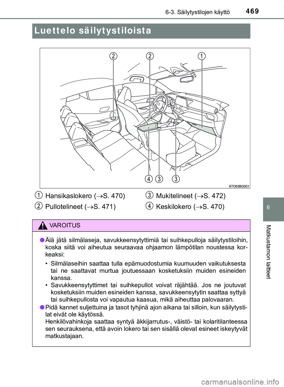 TOYOTA C-HR 2018  Omistajan Käsikirja (in Finnish) 4696-3. Säilytystilojen käyttö
C-HR_HV_OM_Europe_OM10576FI
6
Matkustamon laitteet
Luettelo säilytystiloista
Hansikaslokero (S. 470)
Pullotelineet ( S. 471) Mukitelineet (
S. 472)
Keskilok