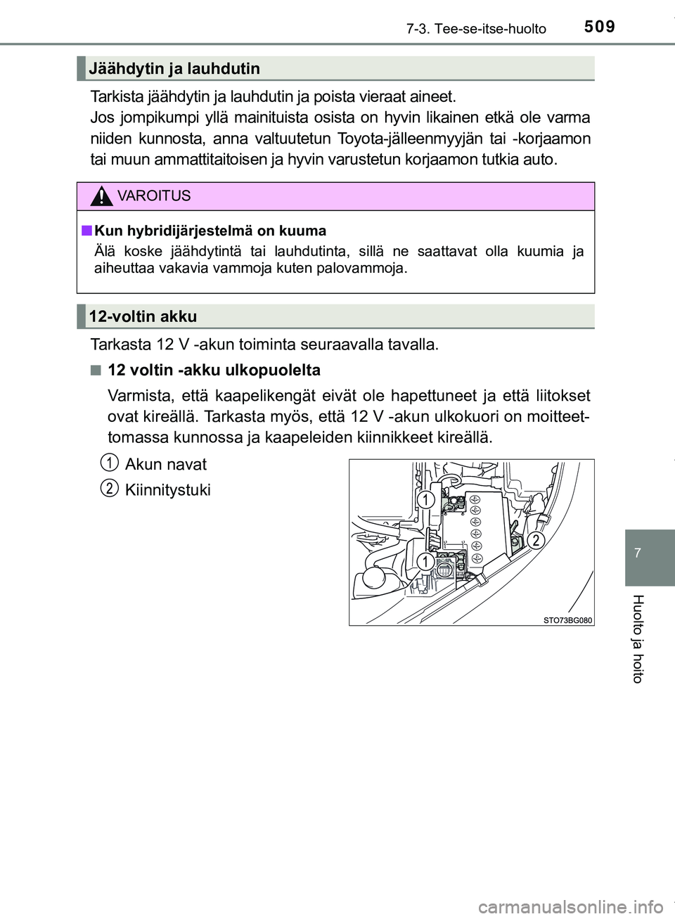 TOYOTA C-HR 2018  Omistajan Käsikirja (in Finnish) 5097-3. Tee-se-itse-huolto
C-HR_HV_OM_Europe_OM10576FI
7
Huolto ja hoito
Tarkista jäähdytin ja lauhdutin ja poista vieraat aineet. 
Jos jompikumpi yllä mainituista osista on hyvin likainen etkä ol
