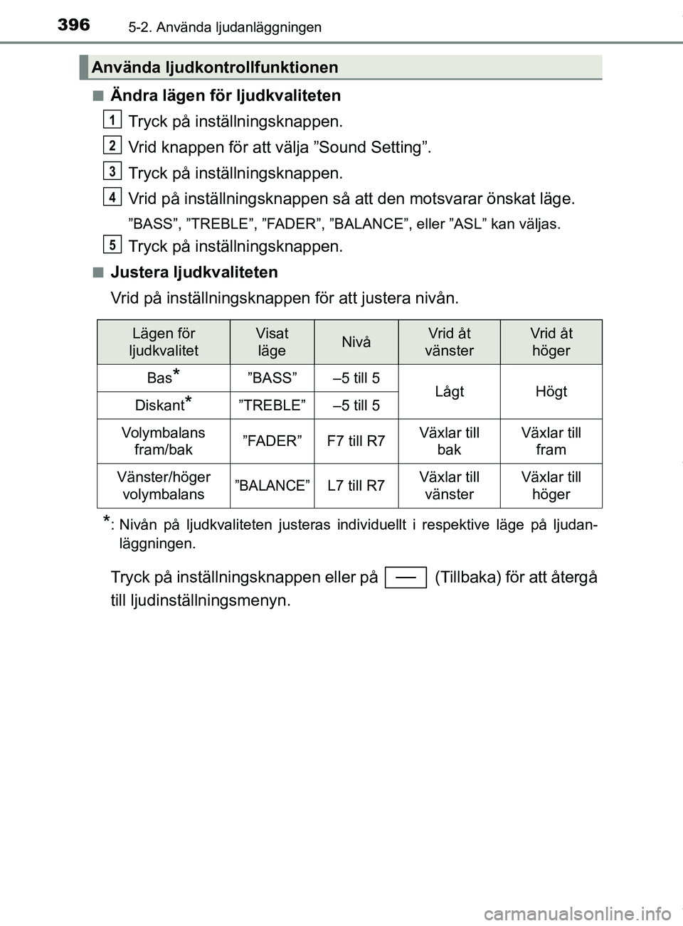 TOYOTA C-HR 2018  Bruksanvisningar (in Swedish) 3965-2. Använda ljudanläggningen
C-HR_HV_OM_Europe_OM10576SEn
Ändra lägen för ljudkvaliteten
Tryck på inställningsknappen.
Vrid knappen för att välja ”Sound Setting”.
Tryck på inställni