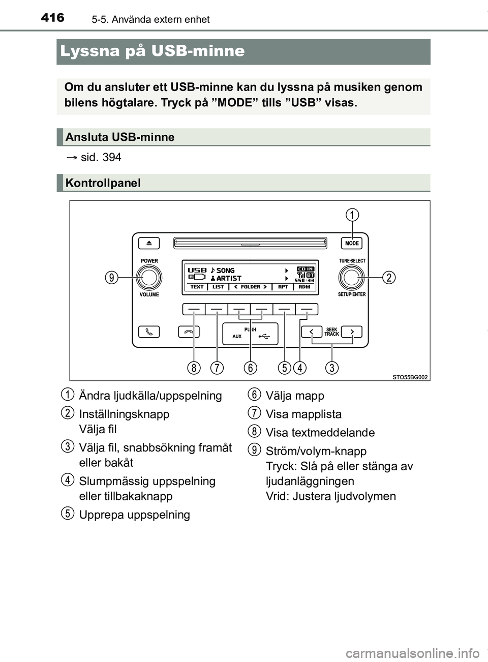 TOYOTA C-HR 2018  Bruksanvisningar (in Swedish) 4165-5. Använda extern enhet
C-HR_HV_OM_Europe_OM10576SE
Lyssna på USB-minne
sid. 394
Om du ansluter ett USB-minne  kan du lyssna på musiken genom
bilens högtalare. Tryck på ”MODE” tills 