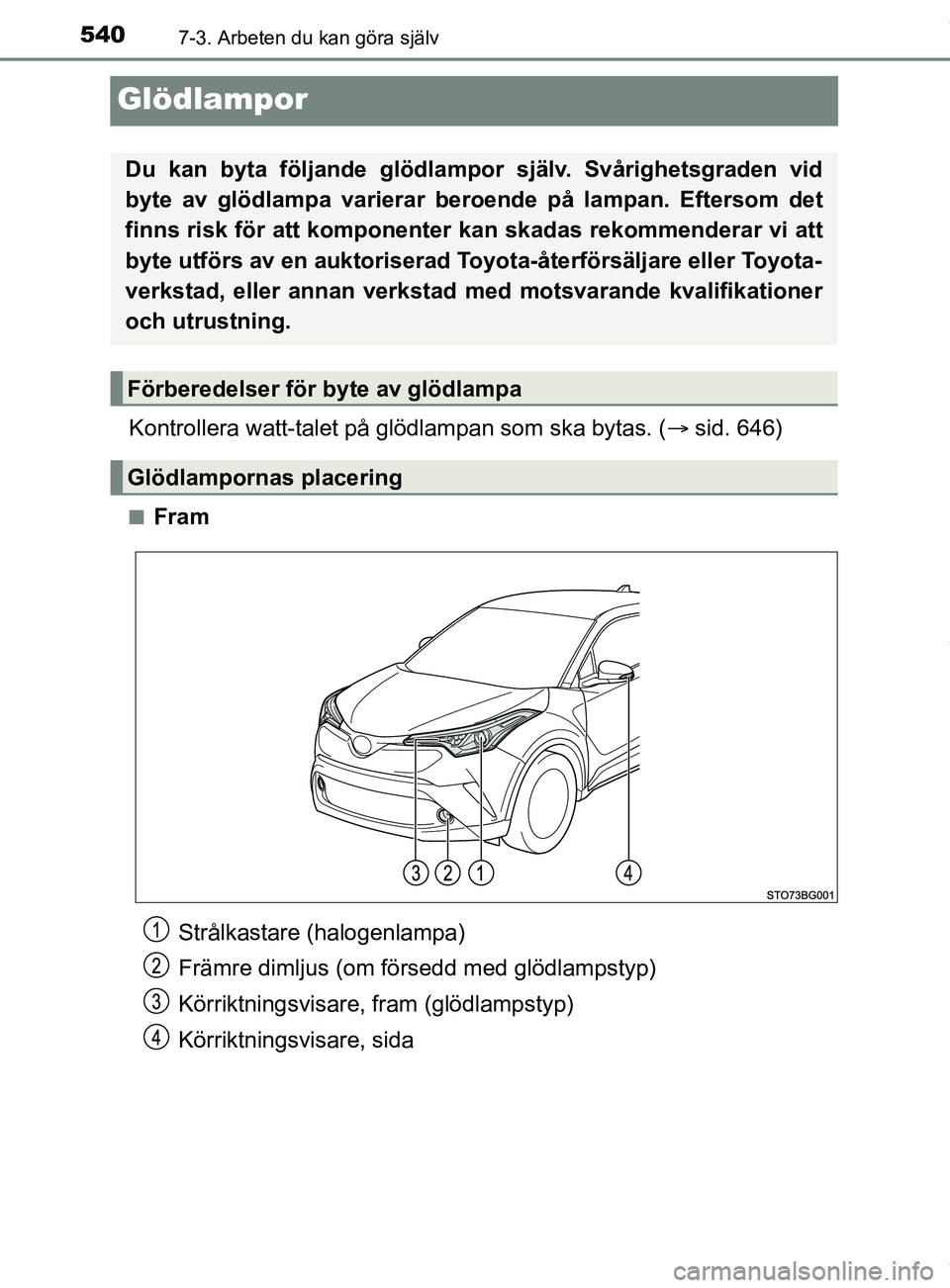 TOYOTA C-HR 2018  Bruksanvisningar (in Swedish) 5407-3. Arbeten du kan göra själv
C-HR_HV_OM_Europe_OM10576SE
Glödlampor
Kontrollera watt-talet på glödlampan som ska bytas. (sid. 646)
nFram
Du kan byta följande glödlampor  själv. Svårig