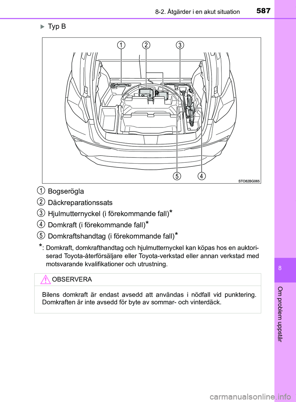 TOYOTA C-HR 2018  Bruksanvisningar (in Swedish) 5878-2. Åtgärder i en akut situation
C-HR_HV_OM_Europe_OM10576SE
8
Om problem uppstår
Ty p  B
Bogserögla
Däckreparationssats
Hjulmutternyckel (i förekommande fall)
*
Domkraft (i förekommande