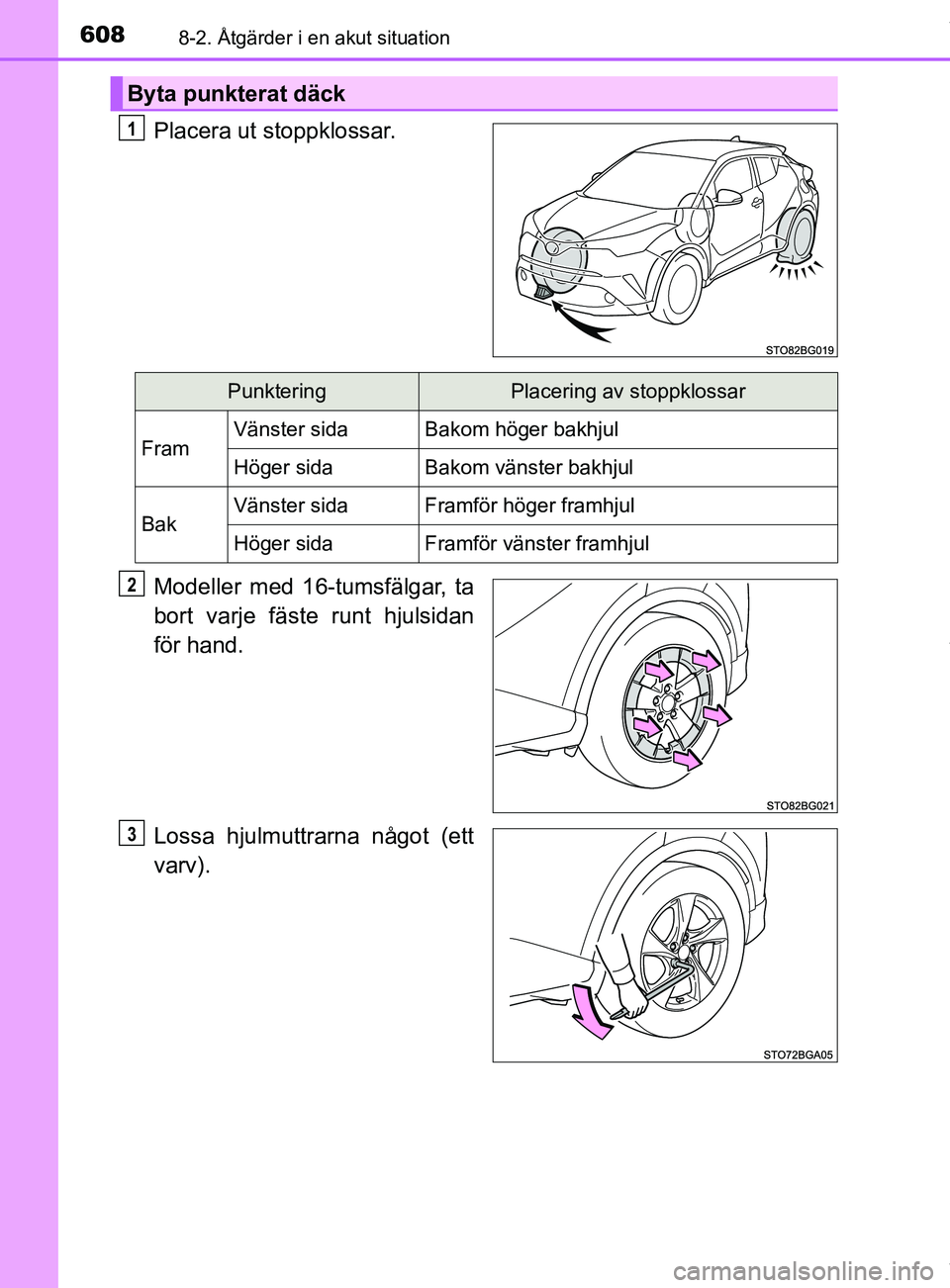 TOYOTA C-HR 2018  Bruksanvisningar (in Swedish) 6088-2. Åtgärder i en akut situation
C-HR_HV_OM_Europe_OM10576SE
Placera ut stoppklossar.
Modeller med 16-tumsfälgar, ta
bort varje fäste runt hjulsidan
för hand.
Lossa hjulmuttrarna något (ett
