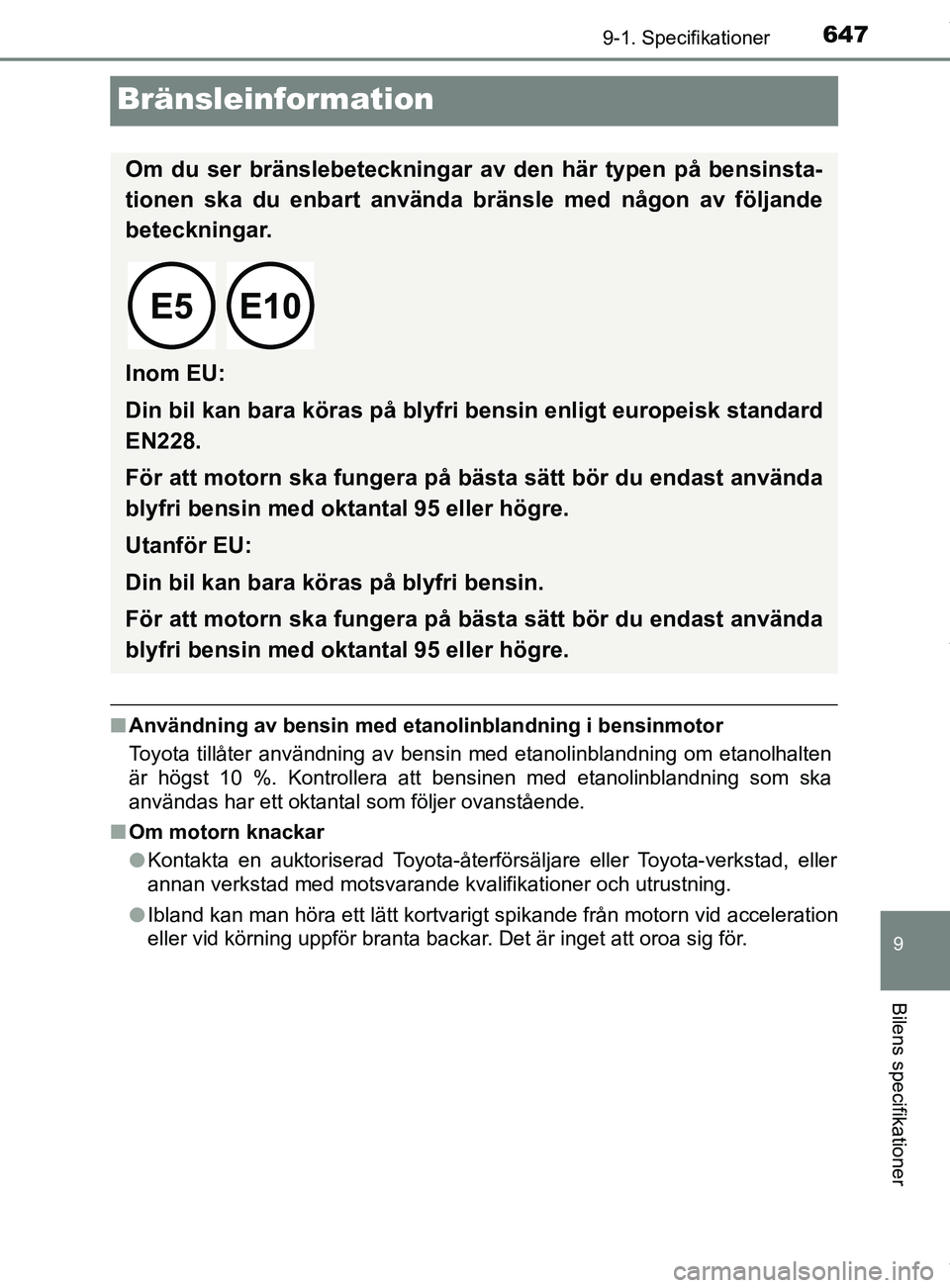 TOYOTA C-HR 2018 Bruksanvisningar (in Swedish) 6479-1. Specifikationer
9
Bilens specifikationer
C-HR_HV_OM_Europe_OM10576SE
Bränsleinformation
nAnvändning av bensin med etan olinblandning i bensinmotor
Toyota tillåter användning av bensin med TOYOTA C-HR 2018 Bruksanvisningar (in Swedish) 6479-1. Specifikationer
9
Bilens specifikationer
C-HR_HV_OM_Europe_OM10576SE
Bränsleinformation
nAnvändning av bensin med etan olinblandning i bensinmotor
Toyota tillåter användning av bensin med