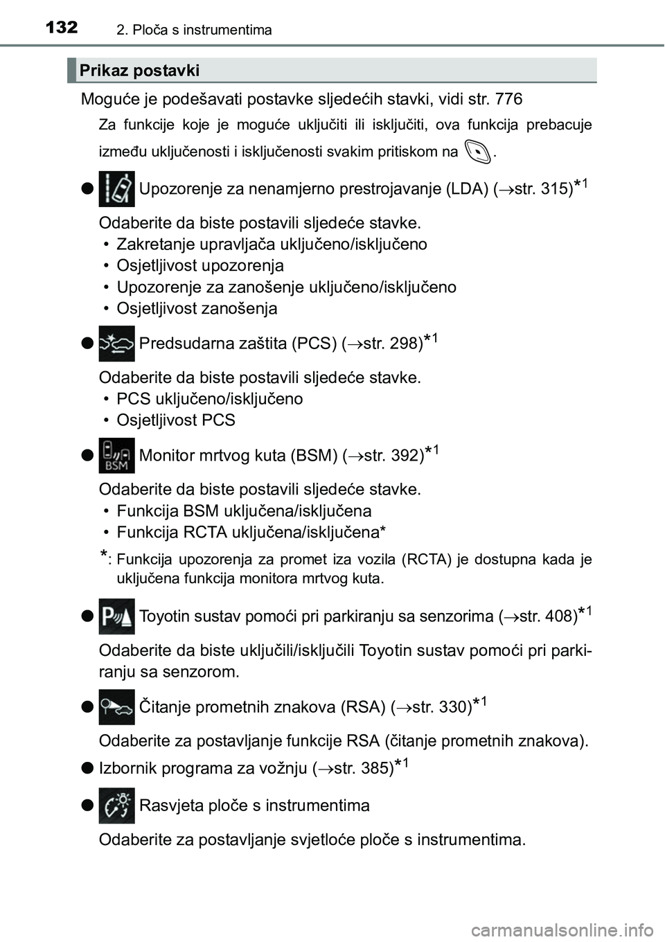 TOYOTA C-HR 2016 Upute Za Rukovanje (in Croatian) 1322. Ploča s instrumentima
Moguće je podešavati postavke sljedećih stavki, vidi str. 776
Za funkcije koje je moguće uključiti ili isključiti, ova funkcija prebacuje
između uključen TOYOTA C-HR 2016 Upute Za Rukovanje (in Croatian) 1322. Ploča s instrumentima
Moguće je podešavati postavke sljedećih stavki, vidi str. 776
Za funkcije koje je moguće uključiti ili isključiti, ova funkcija prebacuje
između uključen