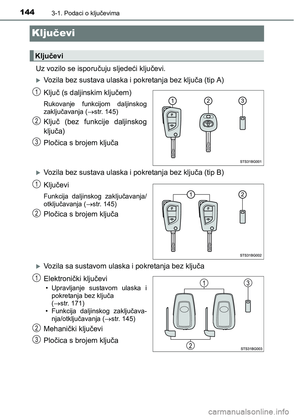 TOYOTA C-HR 2016  Upute Za Rukovanje (in Croatian) 1443-1. Podaci o ključevima
Ključevi
Uz vozilo se isporučuju sljedeći ključevi.
Vozila bez sustava ulaska i pokretanja bez ključa (tip A)
Ključ (s daljinskim ključem)
Rukovanje  funkcijom  
