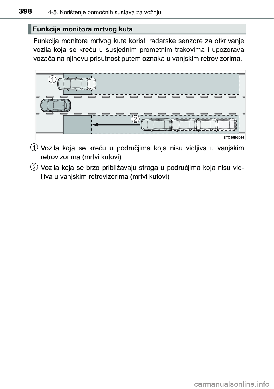 TOYOTA C-HR 2016  Upute Za Rukovanje (in Croatian) 3984-5. Korištenje pomoćnih sustava za vožnju
Funkcija  monitora  mrtvog  kuta  koristi  radarske  senzore  za  otkrivanje
vozila koja se kreću u susjednim prometnim trakovima i upozorava
vozača 