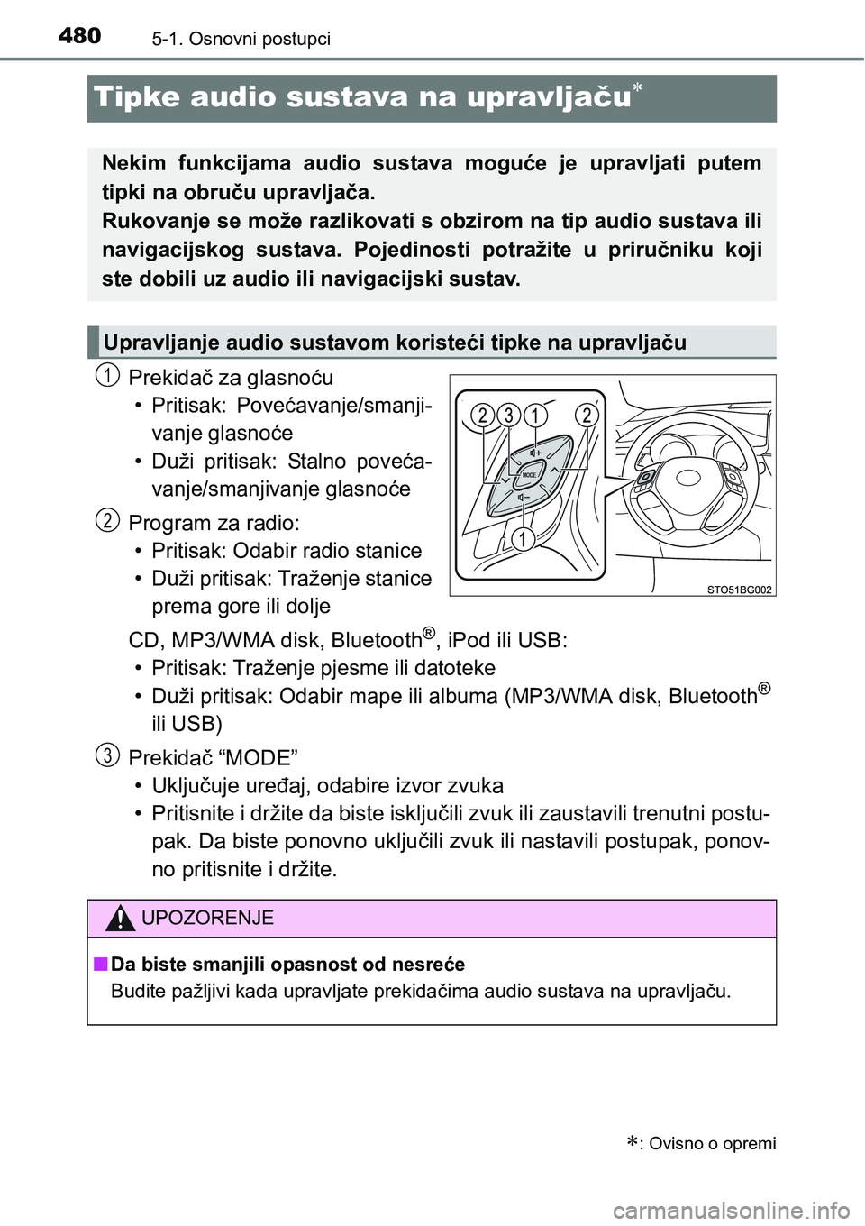 TOYOTA C-HR 2016 Upute Za Rukovanje (in Croatian) 4805-1. Osnovni postupci
Tipke audio sustava na upravljaču
Prekidač za glasnoću
• Pritisak: Povećavanje/smanji-
vanje glasnoće
• Duži pritisak: Stalno poveća-
vanje/smanjivanje glasn TOYOTA C-HR 2016 Upute Za Rukovanje (in Croatian) 4805-1. Osnovni postupci
Tipke audio sustava na upravljaču
Prekidač za glasnoću
• Pritisak: Povećavanje/smanji-
vanje glasnoće
• Duži pritisak: Stalno poveća-
vanje/smanjivanje glasn