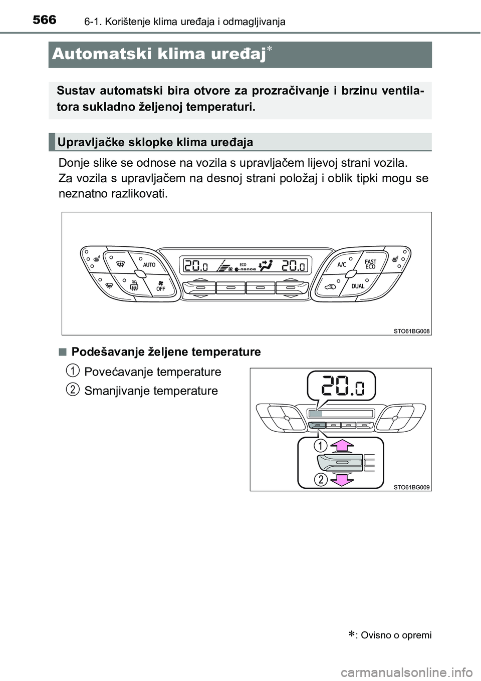 TOYOTA C-HR 2016  Upute Za Rukovanje (in Croatian) 5666-1. Korištenje klima uređaja i odmagljivanja
Automatski klima uređaj
Donje slike se odnose na vozila s upravljačem lijevoj strani vozila.
Za vozila s upravljačem na desnoj strani položaj 