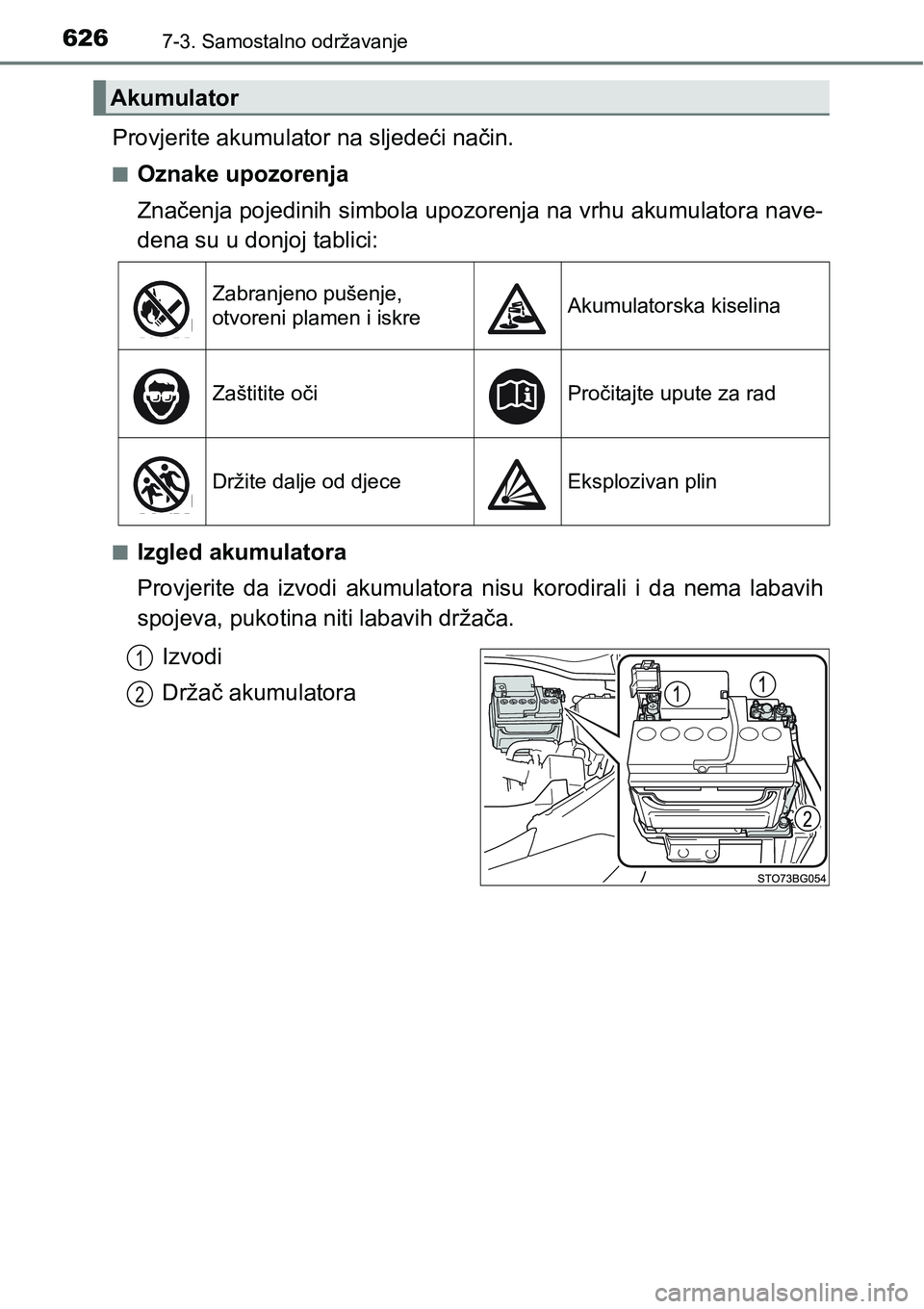 TOYOTA C-HR 2016  Upute Za Rukovanje (in Croatian) 6267-3. Samostalno održavanje
Provjerite akumulator na sljedeći način.
nOznake upozorenja
Značenja pojedinih simbola upozorenja na vrhu akumulatora nave-
dena su u donjoj tablici:
nIzgled akumulat