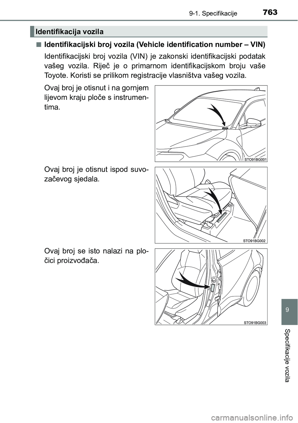 TOYOTA C-HR 2016  Upute Za Rukovanje (in Croatian) 7639-1. Specifikacije
9
Specifikacije vozila
nIdentifikacijski broj vozila (Vehicle identification number – VIN)
Identifikacijski  broj  vozila  (VIN)  je  zakonski  identifikacijski  podatak
vašeg