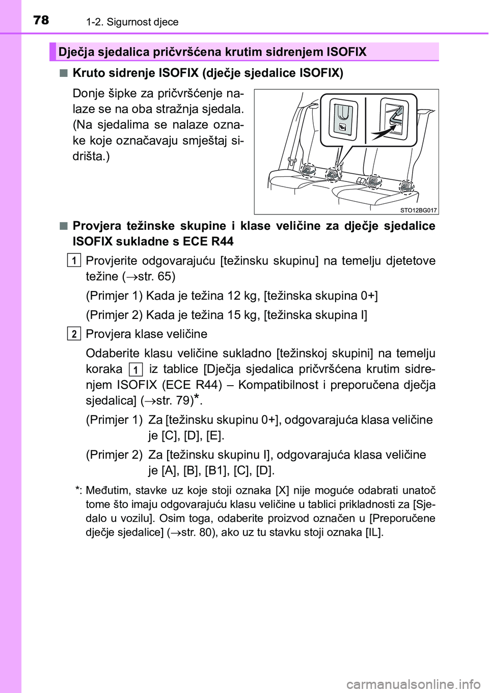 TOYOTA C-HR 2016 Upute Za Rukovanje (in Croatian) 781-2. Sigurnost djece
nKruto sidrenje ISOFIX (dječje sjedalice ISOFIX)
Donje šipke za pričvršćenje na-
laze se na oba stražnja sjedala.
(Na sjedalima se nalaze ozna-
ke koje označavaju TOYOTA C-HR 2016 Upute Za Rukovanje (in Croatian) 781-2. Sigurnost djece
nKruto sidrenje ISOFIX (dječje sjedalice ISOFIX)
Donje šipke za pričvršćenje na-
laze se na oba stražnja sjedala.
(Na sjedalima se nalaze ozna-
ke koje označavaju