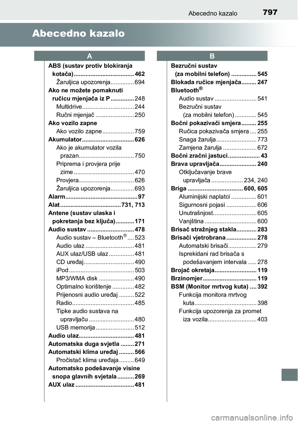 TOYOTA C-HR 2016 Upute Za Rukovanje (in Croatian) 797Abecedno kazalo
Abecedno kazalo
ABS (sustav protiv blokiranja
kotača) .................................... 462
Žaruljica upozorenja.............. 694
Ako ne možete pomaknuti
ručicu mjenjača TOYOTA C-HR 2016 Upute Za Rukovanje (in Croatian) 797Abecedno kazalo
Abecedno kazalo
ABS (sustav protiv blokiranja
kotača) .................................... 462
Žaruljica upozorenja.............. 694
Ako ne možete pomaknuti
ručicu mjenjača
