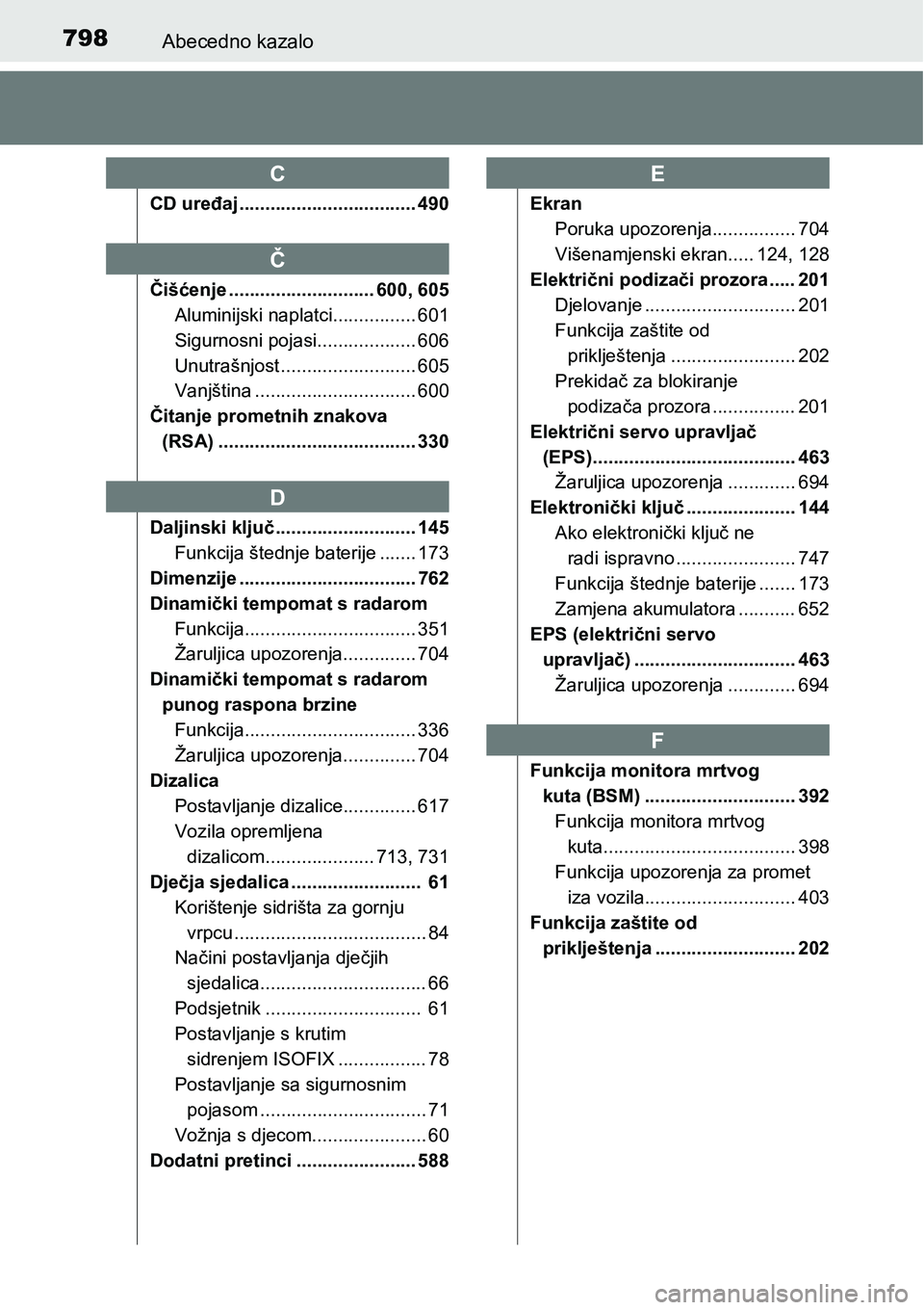 TOYOTA C-HR 2016 Upute Za Rukovanje (in Croatian) 798Abecedno kazalo
CD uređaj .................................. 490
Čišćenje ............................ 600, 605
Aluminijski naplatci................ 601
Sigurnosni pojasi................... 606 TOYOTA C-HR 2016 Upute Za Rukovanje (in Croatian) 798Abecedno kazalo
CD uređaj .................................. 490
Čišćenje ............................ 600, 605
Aluminijski naplatci................ 601
Sigurnosni pojasi................... 606