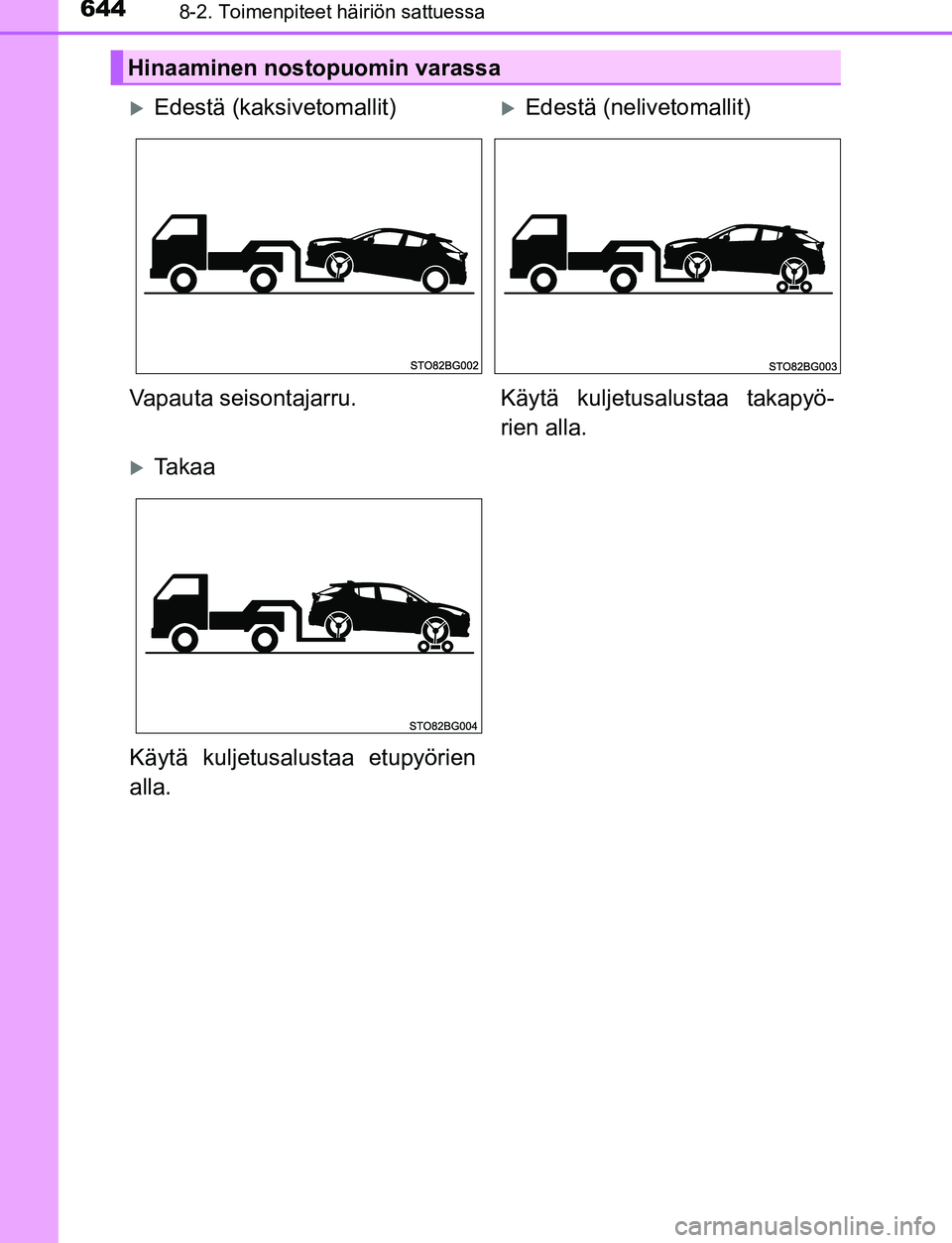 TOYOTA C-HR 2016  Omistajan Käsikirja (in Finnish) 6448-2. Toimenpiteet häiriön sattuessa
OM10528FI
Hinaaminen nostopuomin varassa
Edestä (kaksivetomallit)Edestä (nelivetomallit)
Vapauta seisontajarru. Käytä kuljetusalustaa takapyö-
rien 