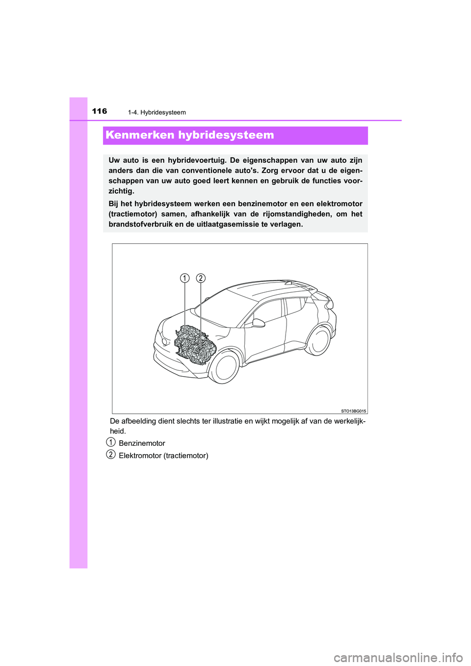 TOYOTA C_HR HYBRID 2021  Instructieboekje (in Dutch) 1161-4. Hybridesysteem
C-HR_HV_OM_Europe_OM10701E
Kenmerken hybridesysteem
De afbeelding dient slechts ter illustratie en wijkt mogelijk af van de werkelijk-
heid.Benzinemotor
Elektromotor (tractiemot