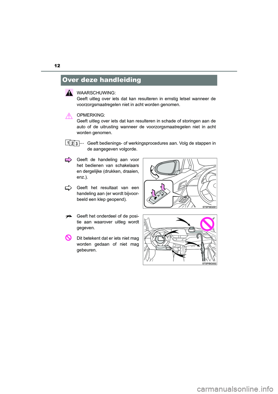 TOYOTA C_HR HYBRID 2021  Instructieboekje (in Dutch) 12
C-HR_HV_OM_Europe_OM10701E
Over deze handleiding
WAARSCHUWING: 
Geeft uitleg over iets dat kan resulteren in ernstig letsel wanneer de
voorzorgsmaatregelen niet in acht worden genomen.
OPMERKING: 
