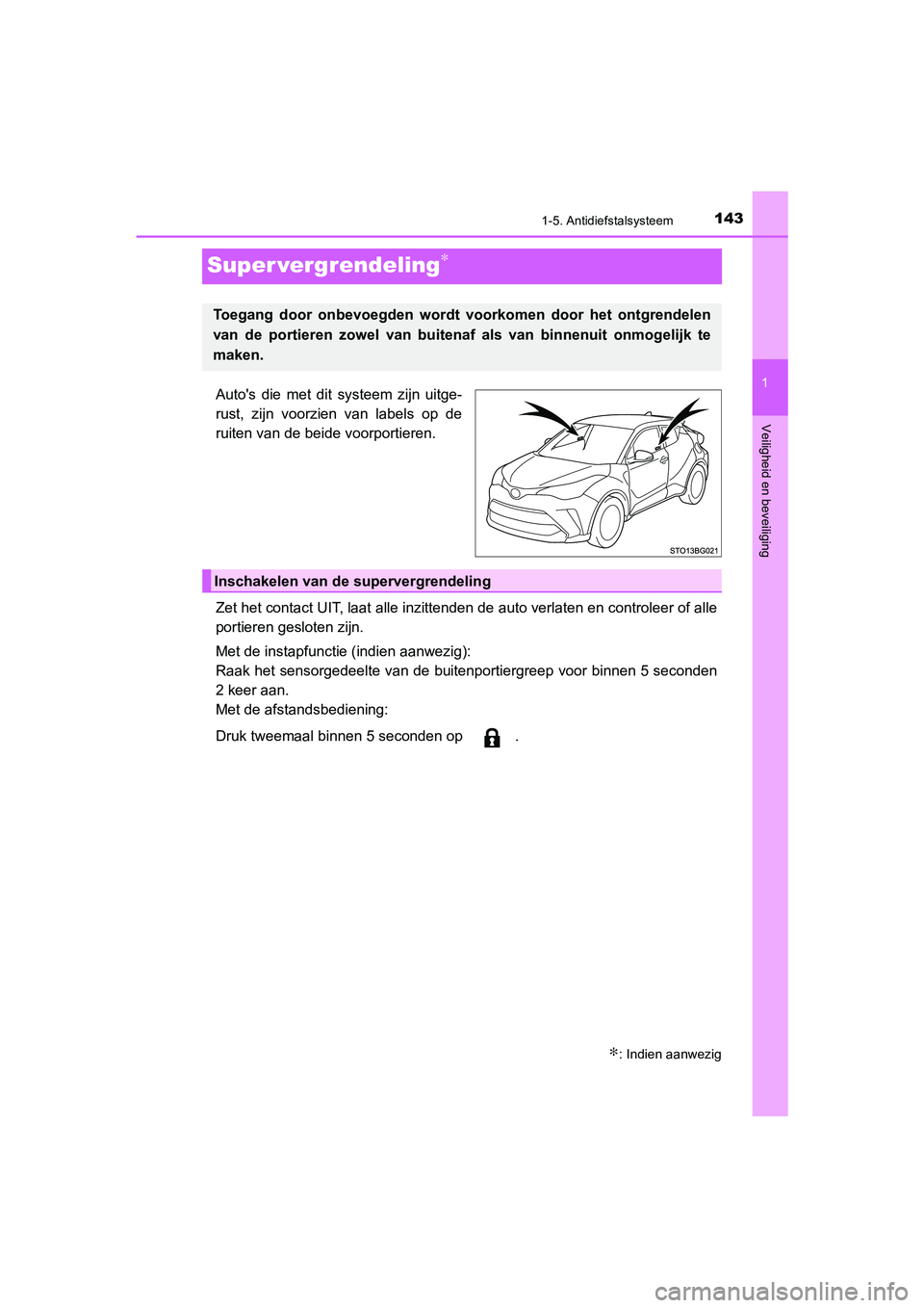 TOYOTA C_HR HYBRID 2021  Instructieboekje (in Dutch) 143
1
1-5. Antidiefstalsysteem
Veiligheid en beveiliging
C-HR_HV_OM_Europe_OM10701E
Super vergrendeling∗
Autos die met dit systeem zijn uitge-
rust, zijn voorzien van labels op de
ruiten van de bei