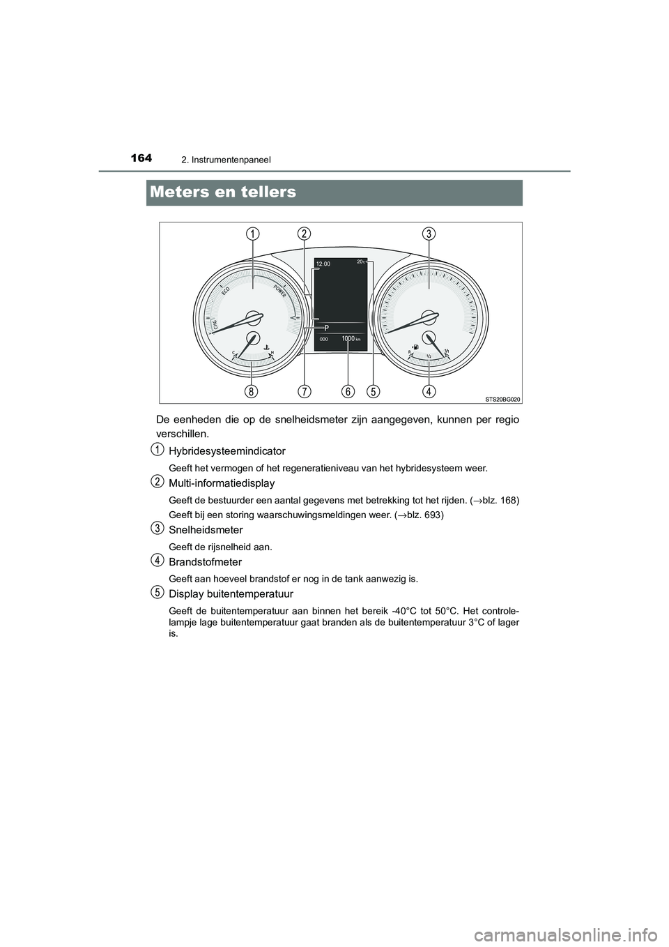 TOYOTA C_HR HYBRID 2021  Instructieboekje (in Dutch) 1642. Instrumentenpaneel
C-HR_HV_OM_Europe_OM10701E
Meters en tellers
De eenheden die op de snelheidsmeter zijn aangegeven, kunnen per regio
verschillen.Hybridesysteemindicator
Geeft het vermogen of h
