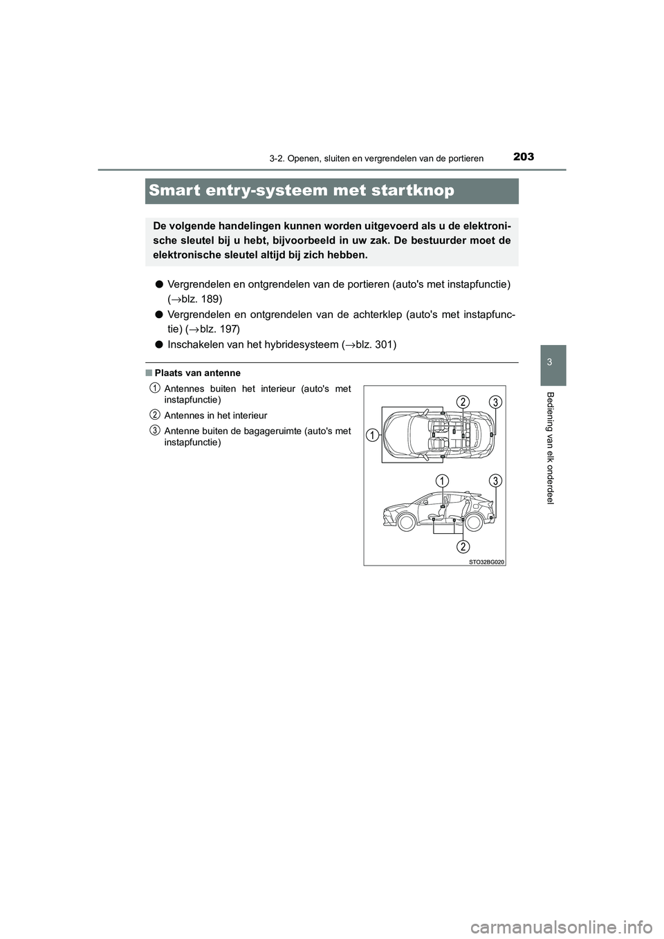 TOYOTA C_HR HYBRID 2021  Instructieboekje (in Dutch) 203
3
3-2. Openen, sluiten en vergrendelen van de portieren
Bediening van elk onderdeel
C-HR_HV_OM_Europe_OM10701E
Smart entr y-systeem met startknop
●Vergrendelen en ontgrendelen van de portieren (