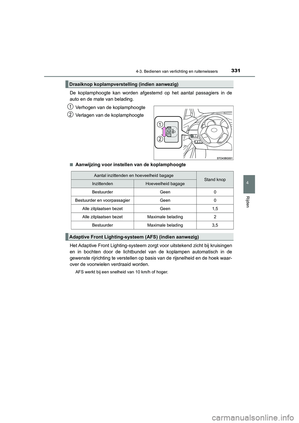 TOYOTA C_HR HYBRID 2021  Instructieboekje (in Dutch) 3314-3. Bedienen van verlichting en ruitenwissers
4
Rijden
C-HR_HV_OM_Europe_OM10701E
De koplamphoogte kan worden afgestemd op het aantal passagiers in de
auto en de mate van belading.Verhogen van de 