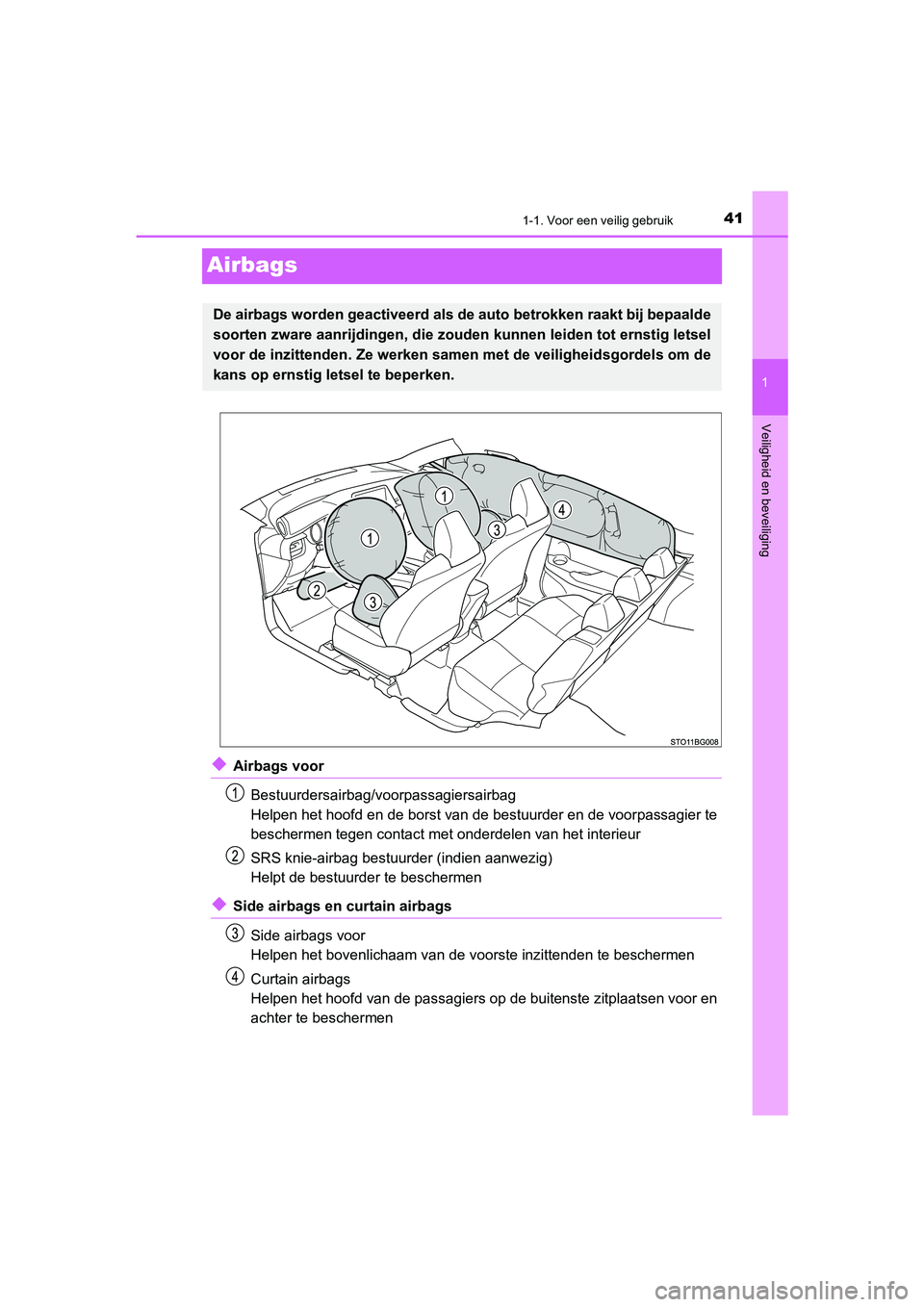 TOYOTA C_HR HYBRID 2021  Instructieboekje (in Dutch) 411-1. Voor een veilig gebruik
1
Veiligheid en beveiliging
C-HR_HV_OM_Europe_OM10701E
Airbags
◆Airbags voorBestuurdersairbag/voorpassagiersairbag
Helpen het hoofd en de borst van de bestuurder en de